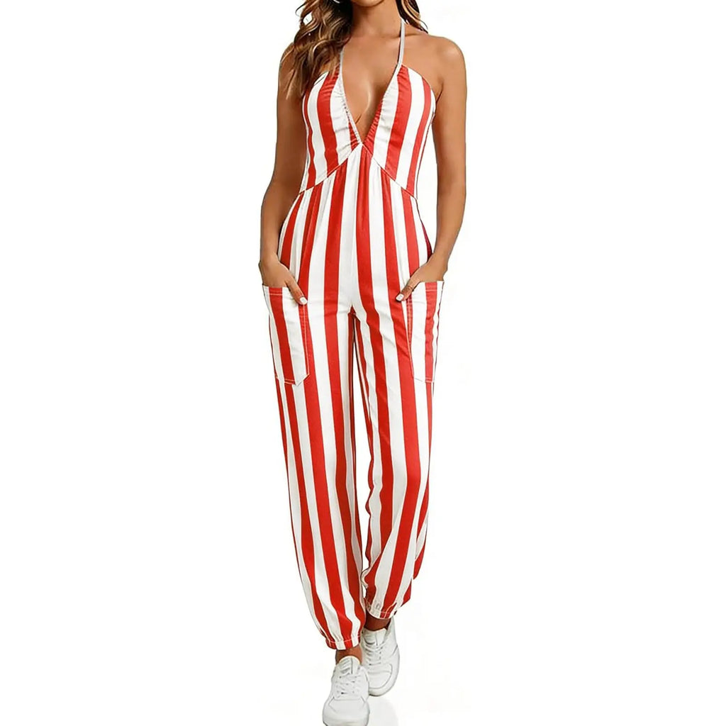 Elevate Your Style with the Cicy Bell Women's Elegant Halter Jumpsuit - Flattering Deep V Neckline and Casual Beach Ready Design