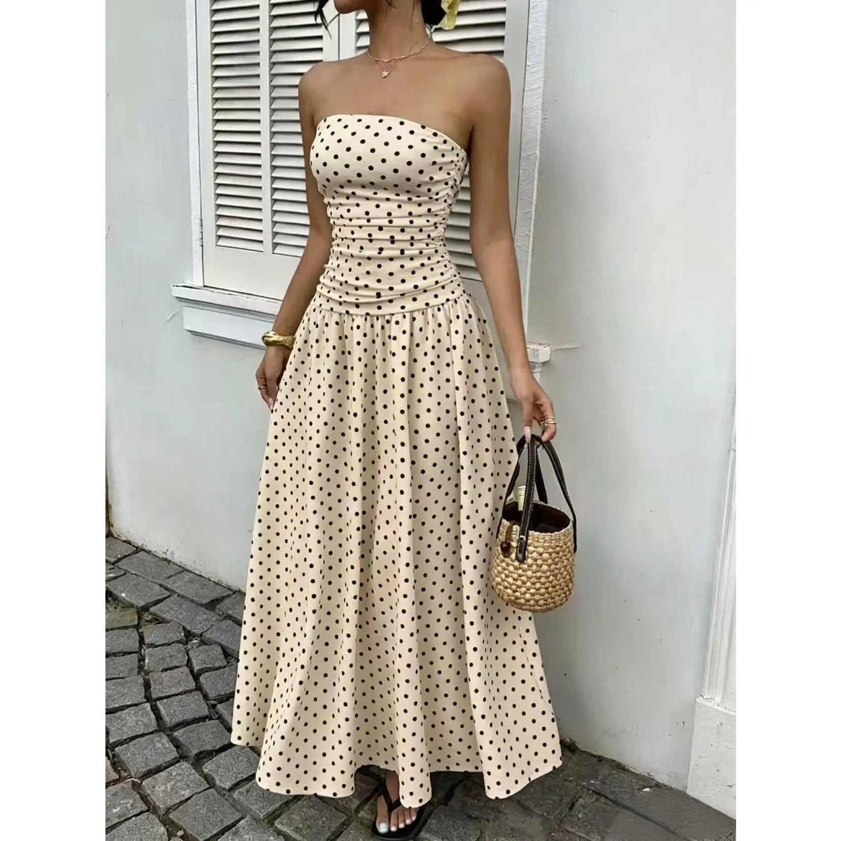 Chic Women's Strapless Polka Dot Maxi Dress - Perfect for Parties and Casual Outings