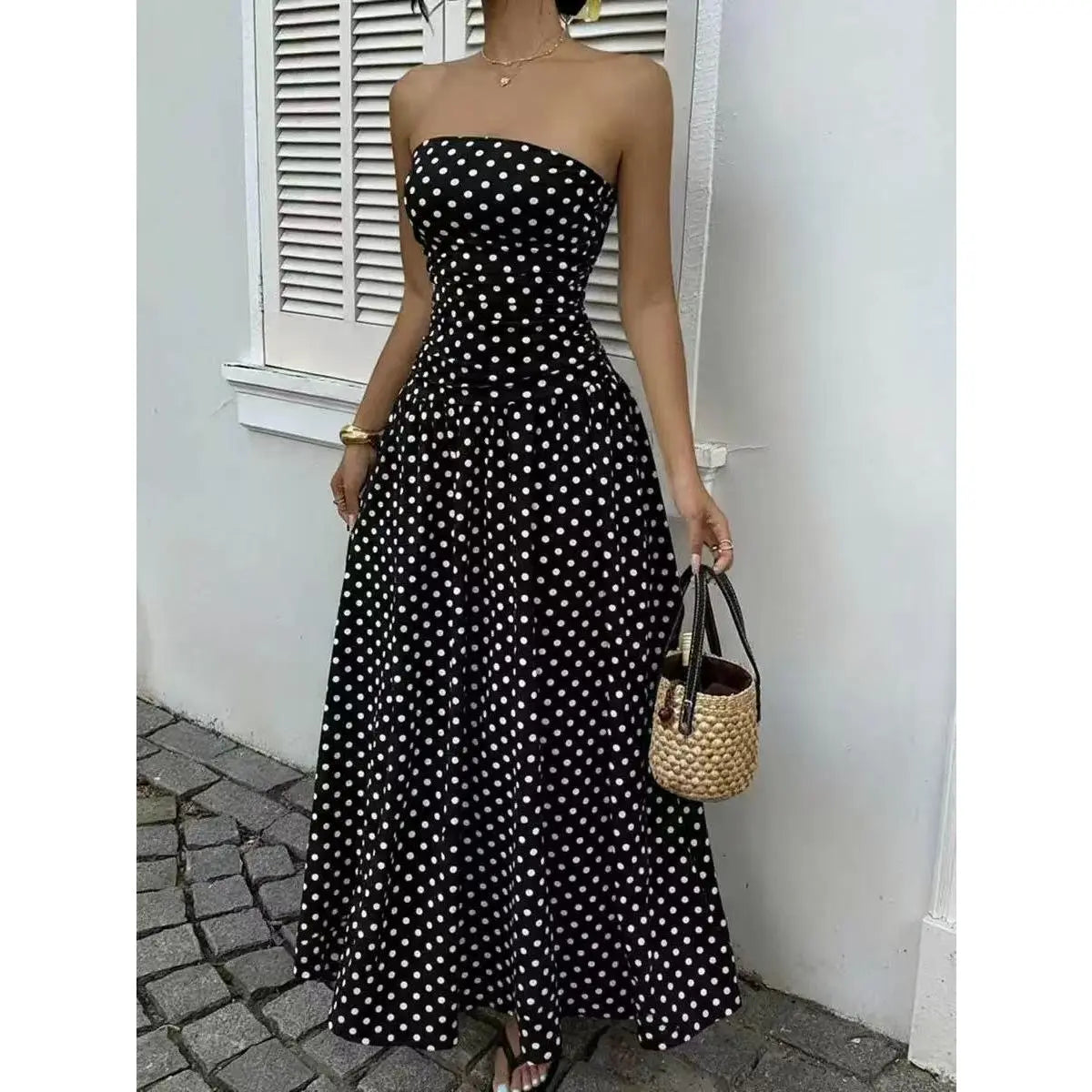 Chic Women's Strapless Polka Dot Maxi Dress - Perfect for Parties and Casual Outings