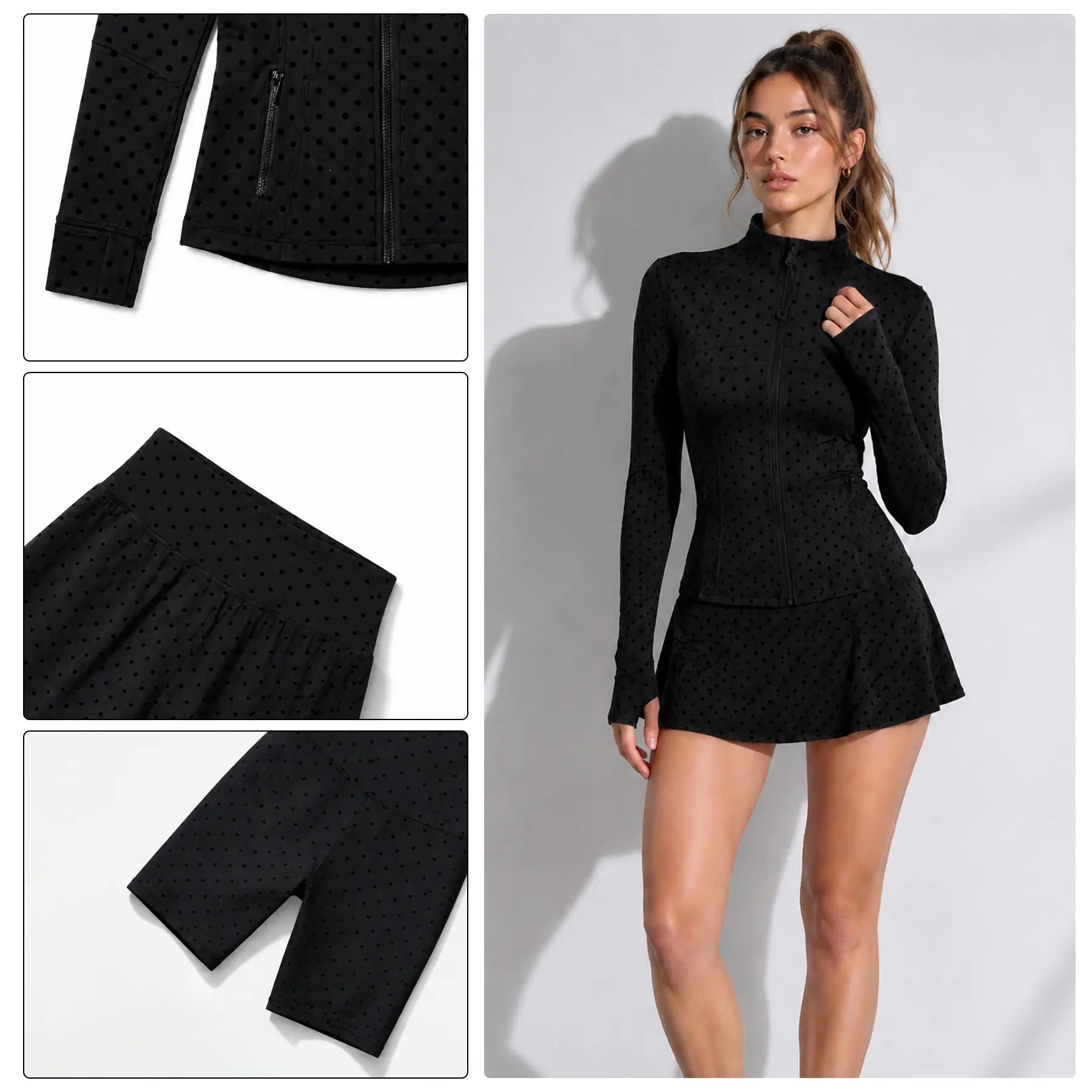 Women's Summer Athletic Track Jacket with Long Sleeves, Stand Collar, and Polka Dot Texture, Designed for Slim Fit, Ideal for Yoga, Gym, Running, Tennis, and Golf, Made from Stretchy Nylon Spandex Brushed Fabric