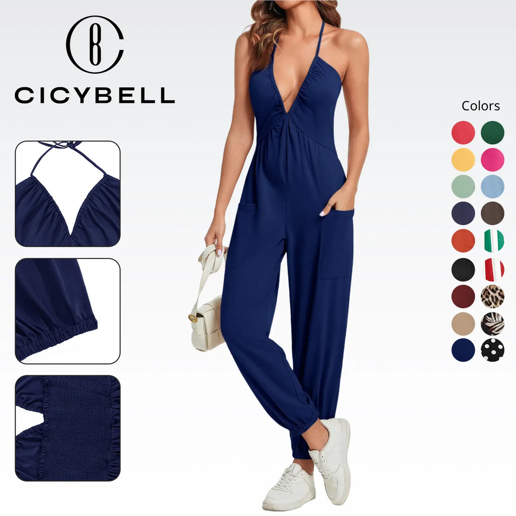 Elevate Your Style with the Cicy Bell Women's Elegant Halter Jumpsuit - Flattering Deep V Neckline and Casual Beach Ready Design