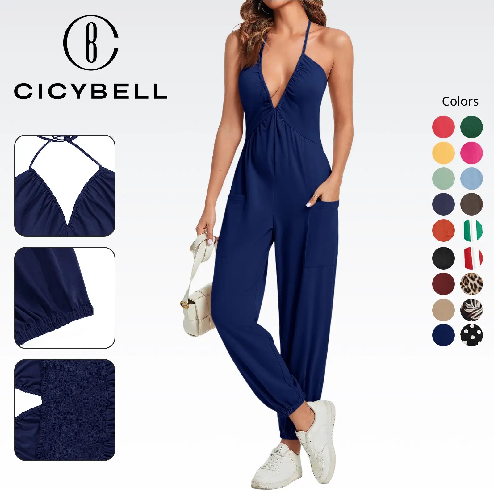 Elevate Your Style with the Cicy Bell Women's Elegant Halter Jumpsuit - Flattering Deep V Neckline and Casual Beach Ready Design