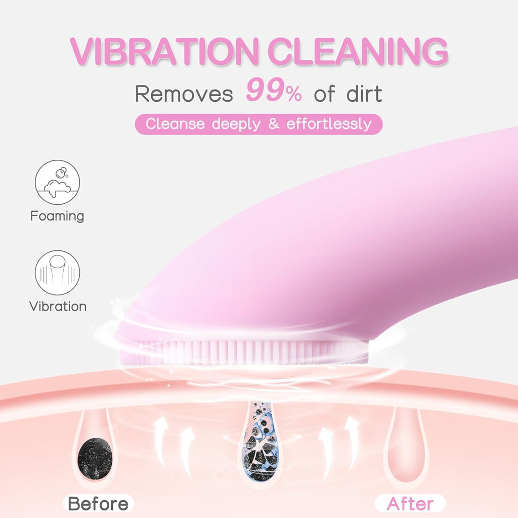 PRITECH Rechargeable Silicone Facial Cleansing Brush with Heat Massage and Vibrating Exfoliation, Waterproof Deep Cleaning Tool for Men and Women (Pink)