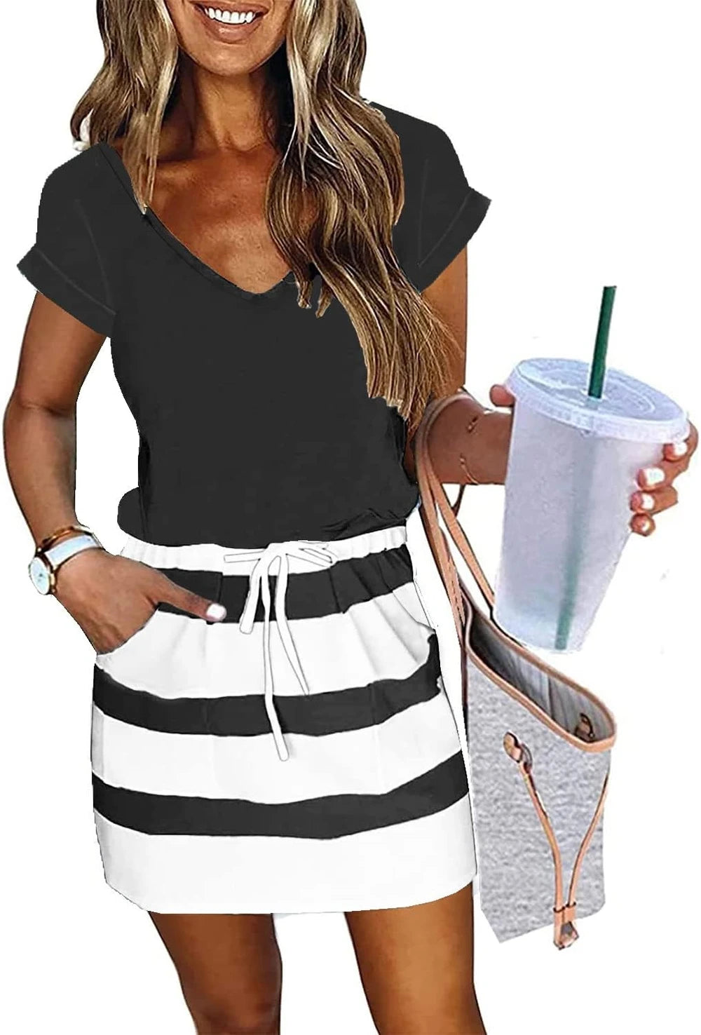 V-Neck Tie Waist Mini Dress