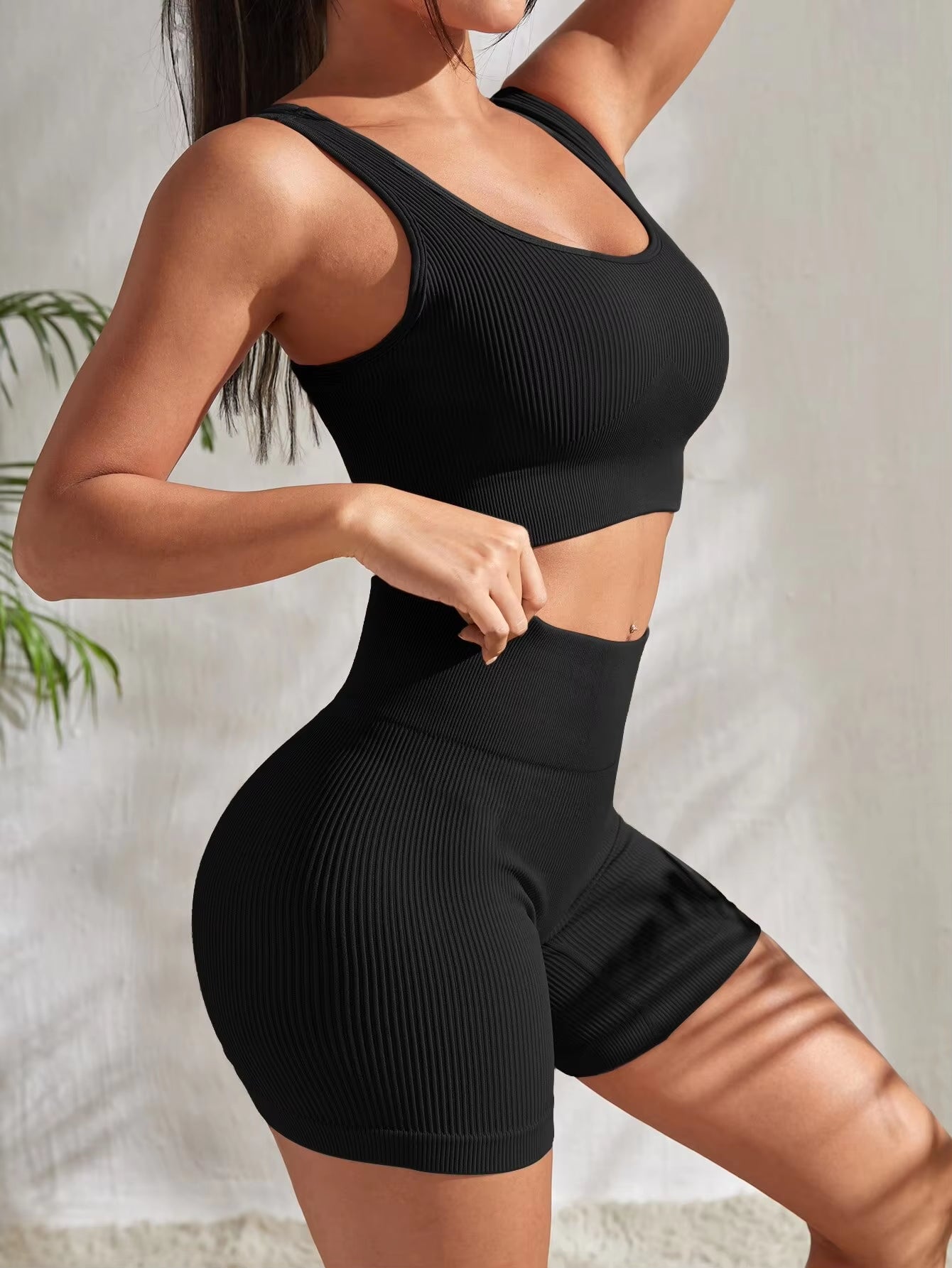 Seamless Ribbed Yoga Sets for Women - 2-Piece Gym Outfit with Crop Tank and High Waist Shorts for Fitness and Running