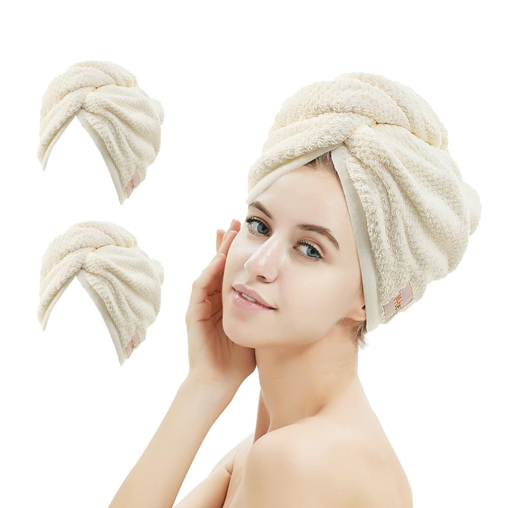 Transform Your Hair Care Routine with M-Bestl Microfiber Hair Towel Wrap Set - Quick Dry, Anti-Frizz, Lightweight Turbans in Pink & Beige (2 Pack) for Long Thick Curly Hair