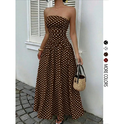 Chic Women's Strapless Polka Dot Maxi Dress - Perfect for Parties and Casual Outings