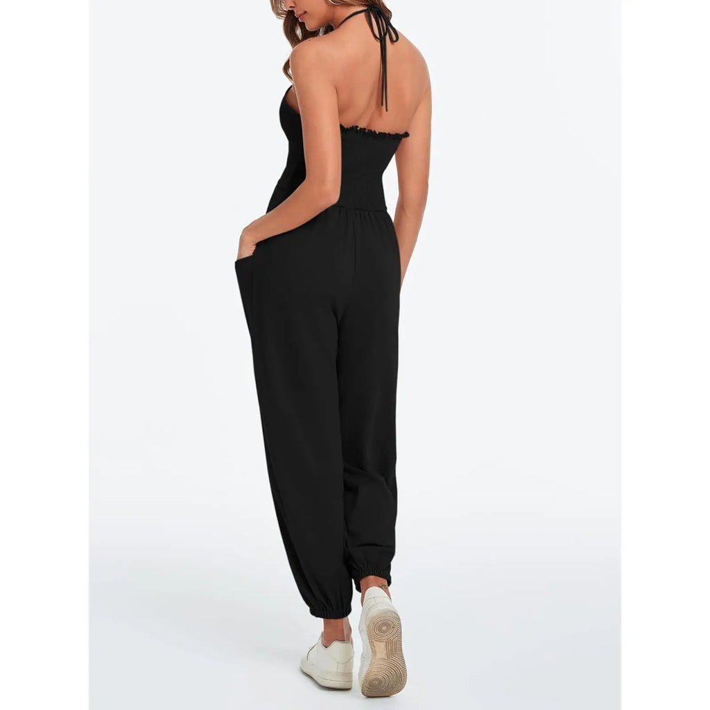 Elevate Your Style with the Cicy Bell Women's Elegant Halter Jumpsuit - Flattering Deep V Neckline and Casual Beach Ready Design