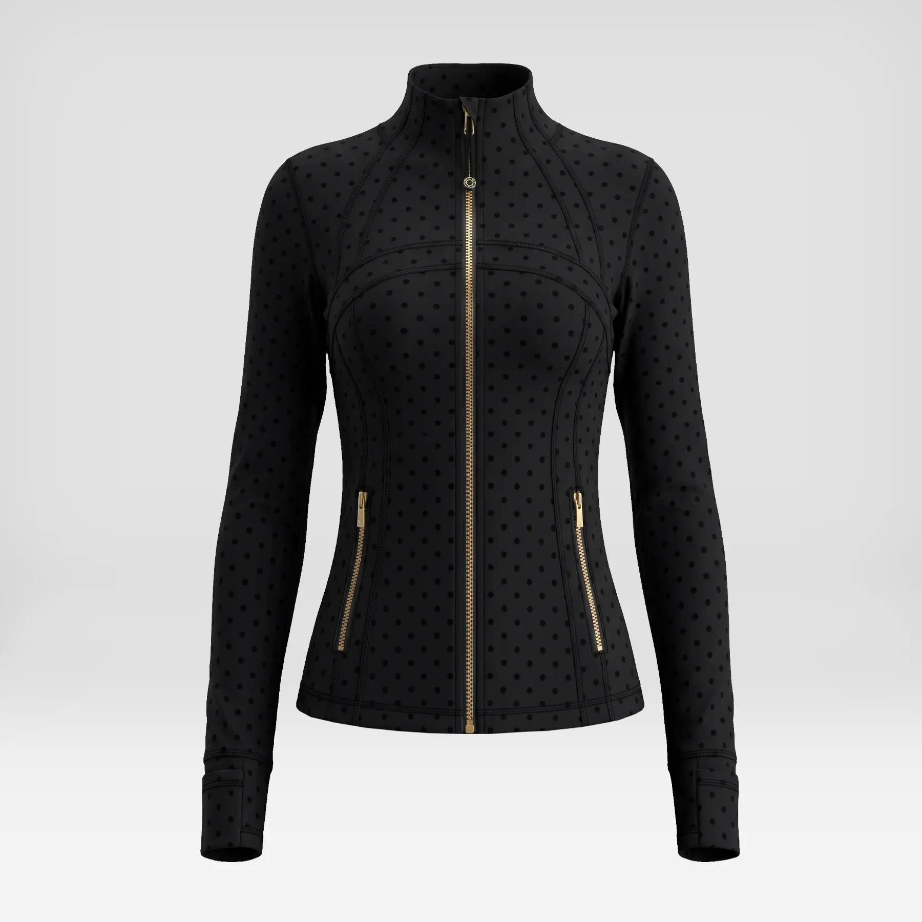 Women's Summer Athletic Track Jacket with Long Sleeves, Stand Collar, and Polka Dot Texture, Designed for Slim Fit, Ideal for Yoga, Gym, Running, Tennis, and Golf, Made from Stretchy Nylon Spandex Brushed Fabric