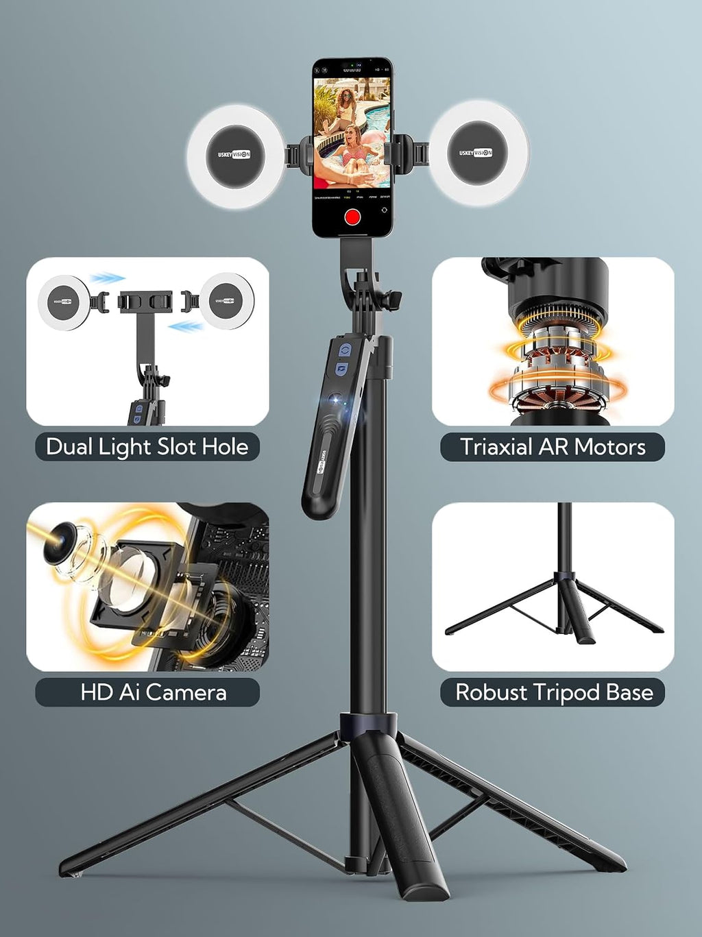 Elevate Your Content Creation with the USKEYVISION 70.9" Auto Face Tracking Tripod - 360° Rotation & Integrated Dual Ring Lights
