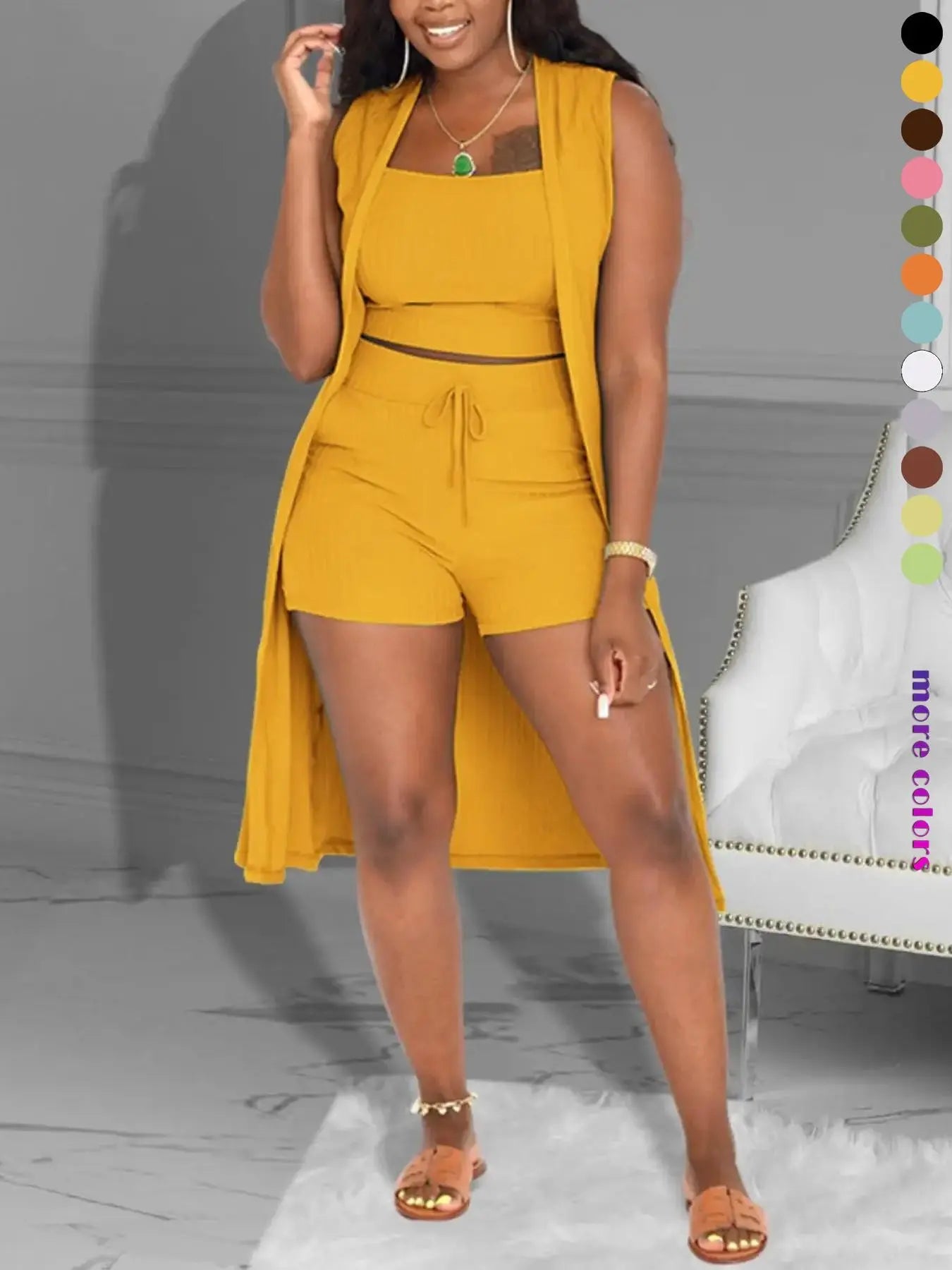 Women'S Casual Slim-Fit Three-Piece Shorts Set, Soft Stretchy Knit Fabric, Comfortable and Stylish Summer Outfit