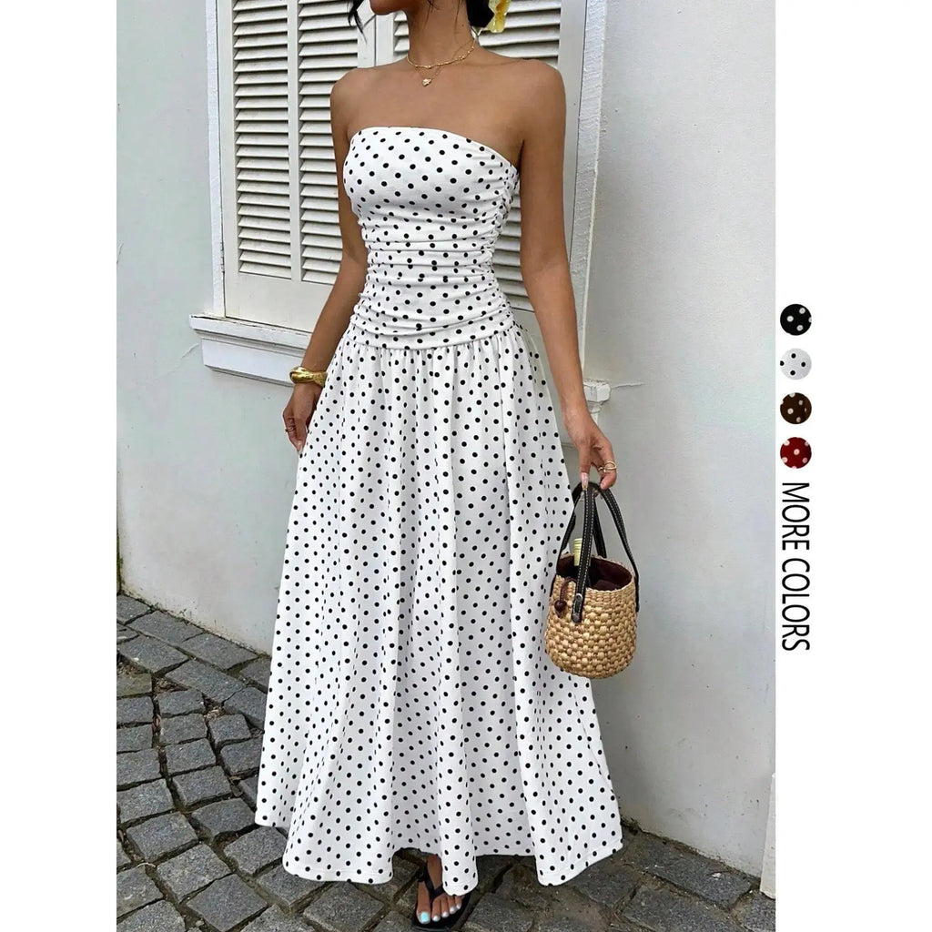 Chic Women's Strapless Polka Dot Maxi Dress - Perfect for Parties and Casual Outings