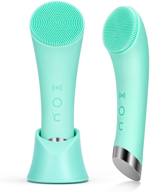 Elevate Your Skincare Routine with the PRITECH Rechargeable Silicone Facial Cleansing Brush - Heat Massage & Vibrating Exfoliation for All Skin Types (Green)