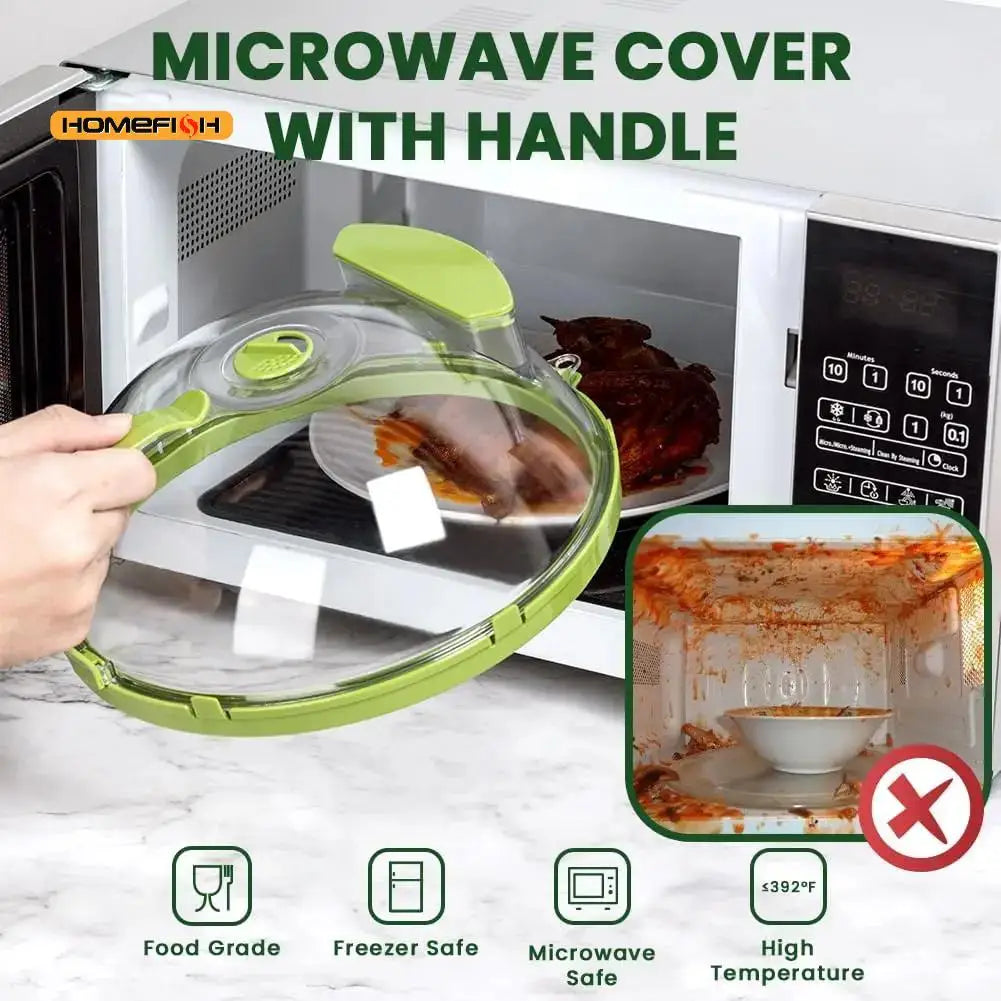 Clear Microwave Food Cover with Steamer and Handle - Kitchen Splash Guard