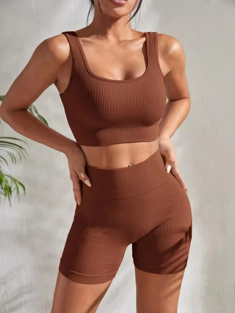 Seamless Ribbed Yoga Sets for Women - 2-Piece Gym Outfit with Crop Tank and High Waist Shorts for Fitness and Running