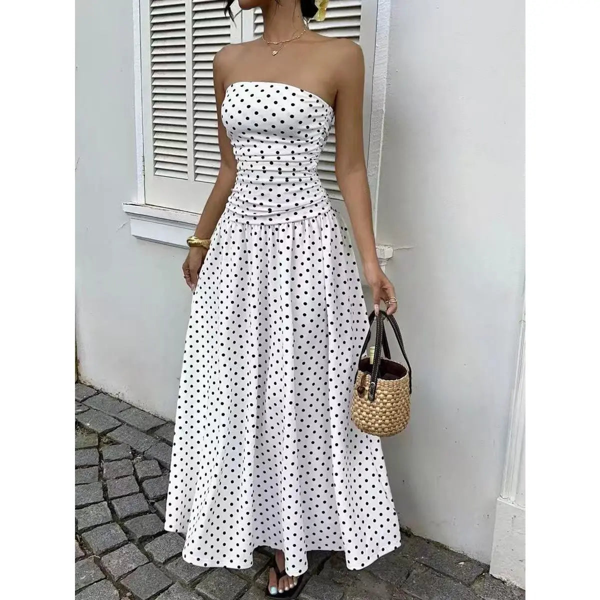 Chic Women's Strapless Polka Dot Maxi Dress - Perfect for Parties and Casual Outings