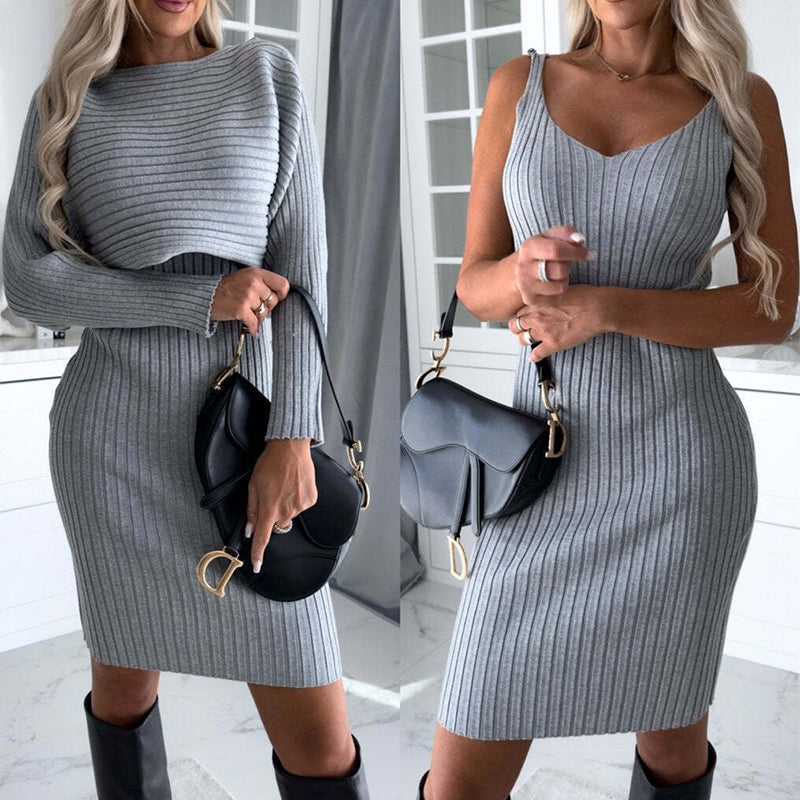 Women's 2-Piece Solid Stripe Long-Sleeve Top and Fitted Suspender Skirt Set for Autumn and Winter Fashion