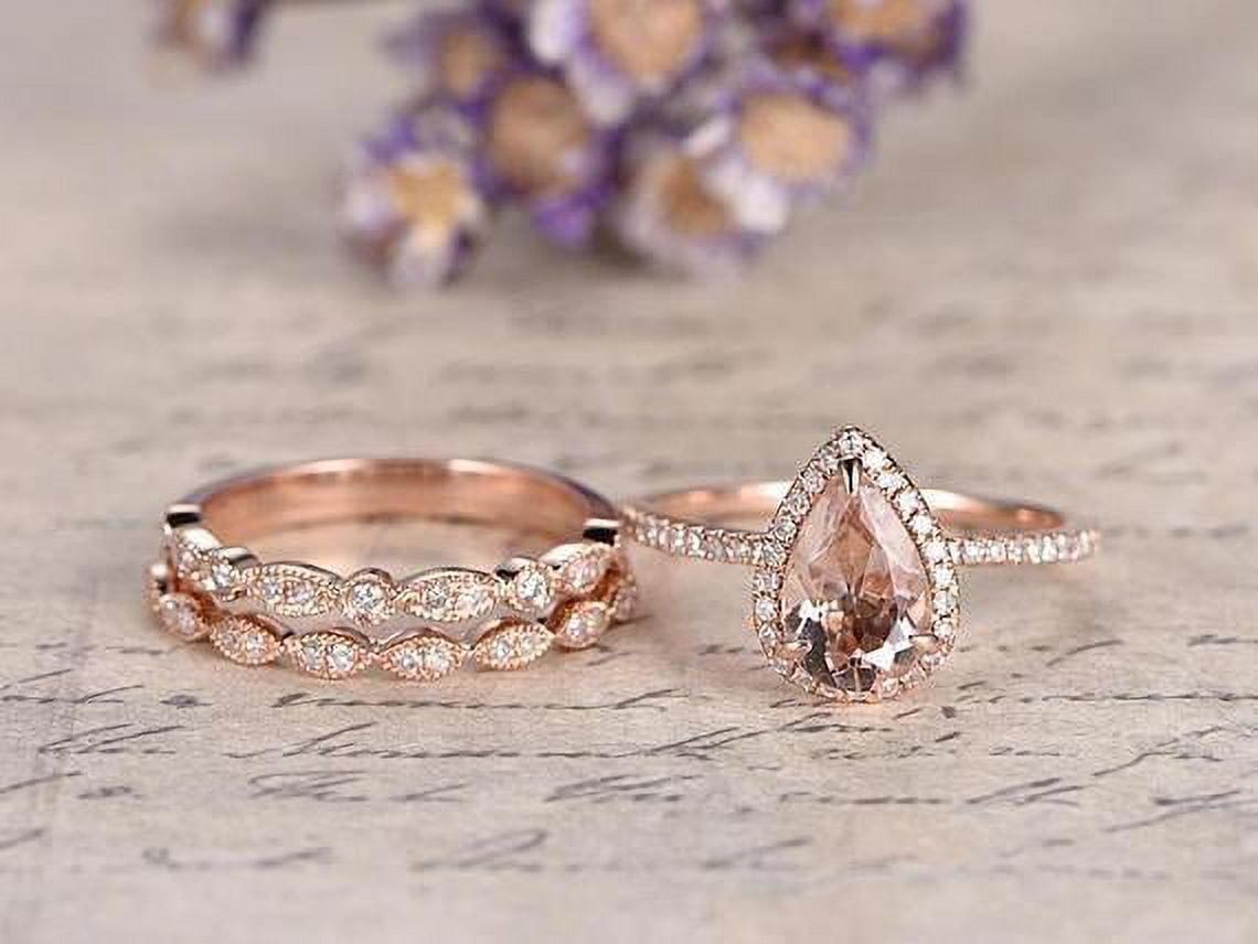 Stunning 1.75 Carat Pear Cut Lab Created Morganite Art Deco Trio Bridal Set in Luxurious 18K Rose Gold over Silver