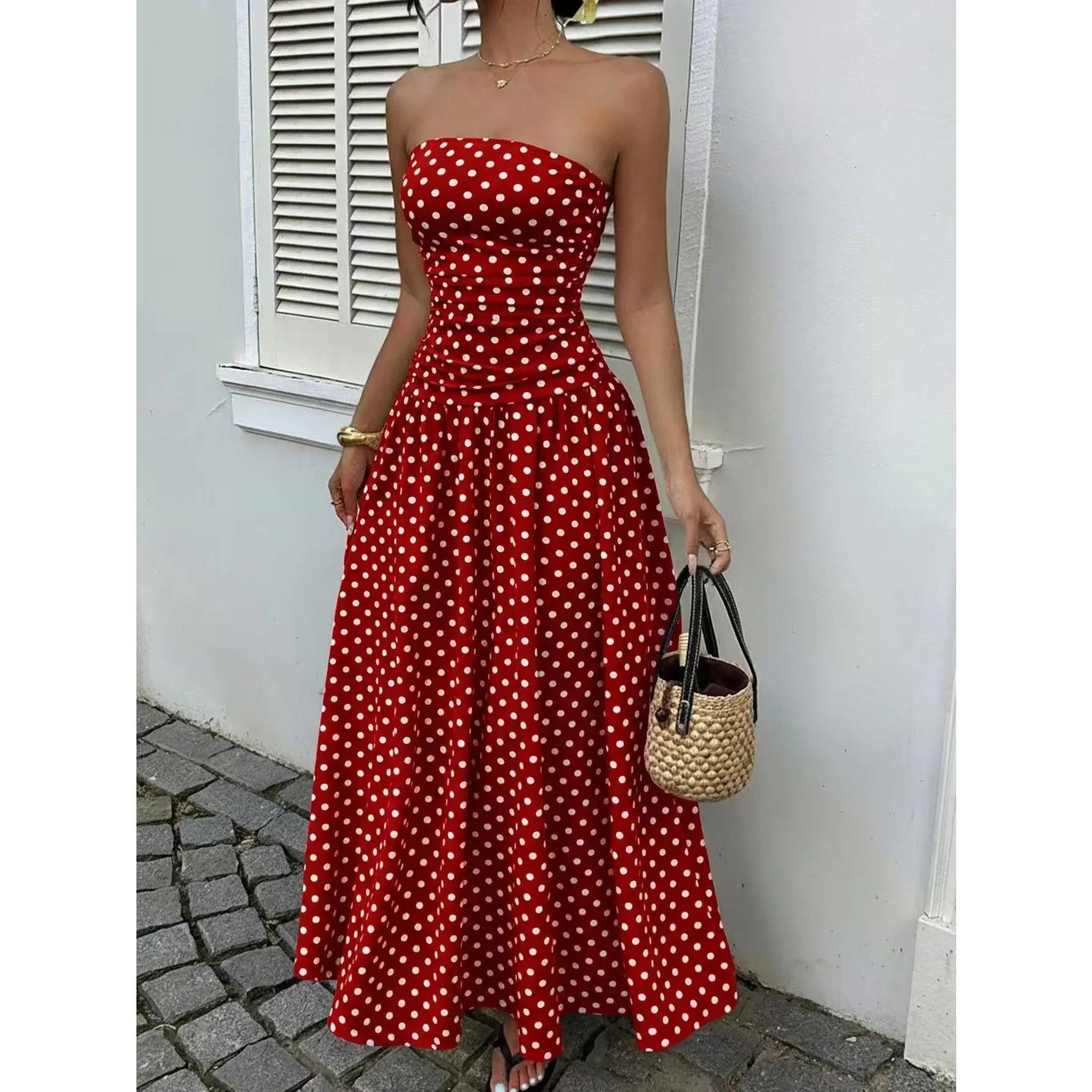 Chic Women's Strapless Polka Dot Maxi Dress - Perfect for Parties and Casual Outings