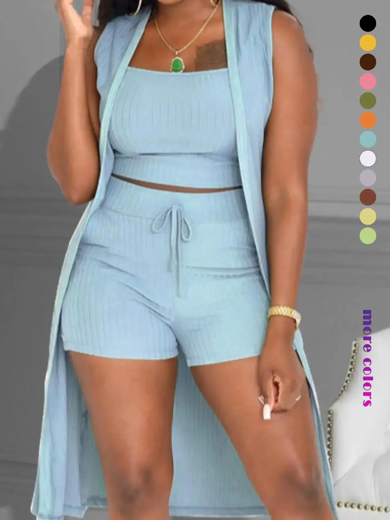Women'S Casual Slim-Fit Three-Piece Shorts Set, Soft Stretchy Knit Fabric, Comfortable and Stylish Summer Outfit