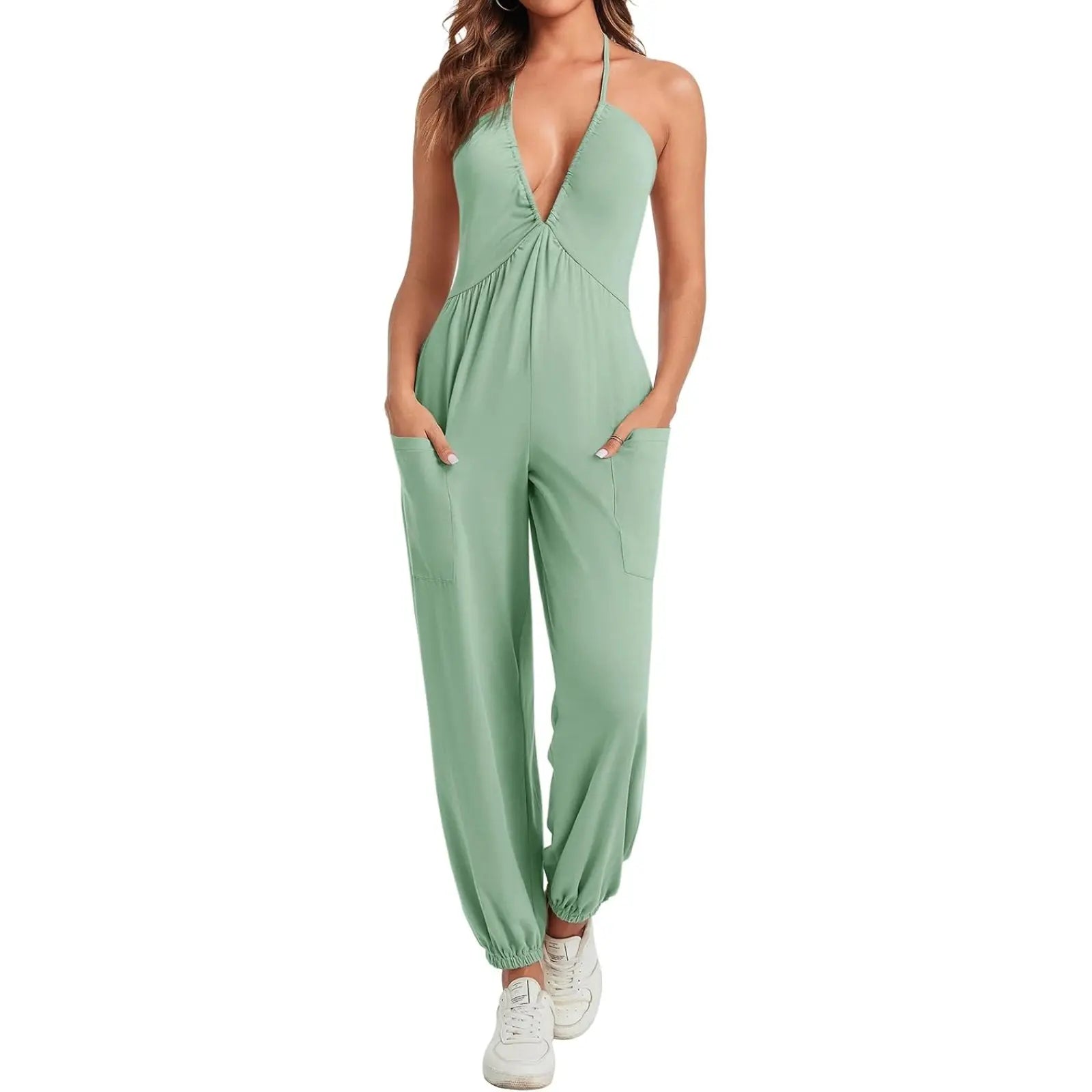 Elevate Your Style with the Cicy Bell Women's Elegant Halter Jumpsuit - Flattering Deep V Neckline and Casual Beach Ready Design