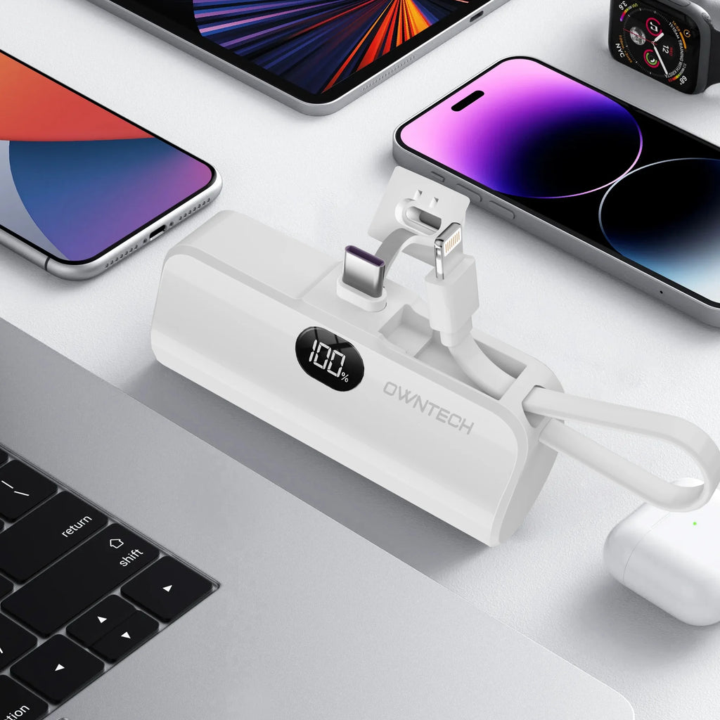 Stay Charged Anywhere: 5000mAh Portable Fast Charger with Built-In Cables for iPhone and Samsung