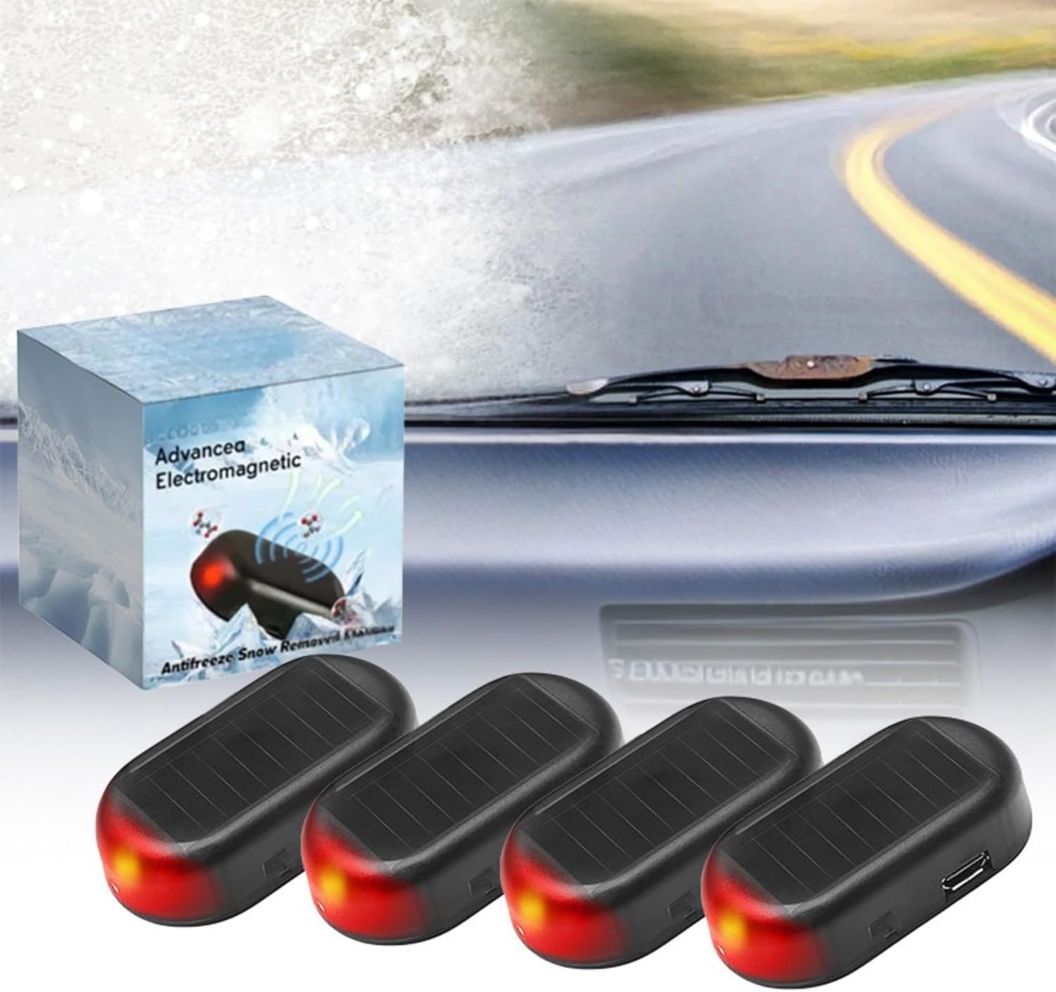 Transform Your Winter Experience with the 4-Piece Electromagnetic Car Snow Removal Kit - Featuring Solar-Powered Antifreeze Technology and LED Security Lights!