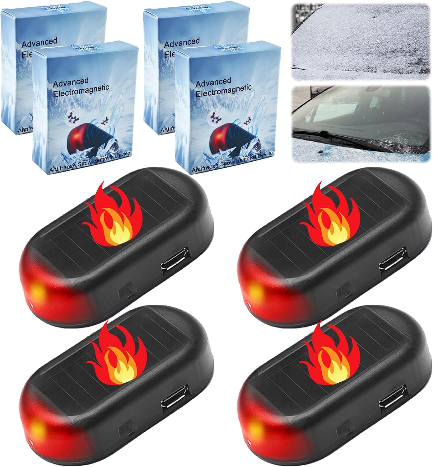 Transform Your Winter Experience with the 4-Piece Electromagnetic Car Snow Removal Kit - Featuring Solar-Powered Antifreeze Technology and LED Security Lights!