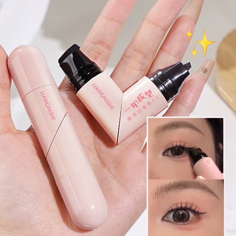 Dual-Tip Waterproof Liquid Eyeliner Stamp with Integrated Wing Stencil in Black and Brown - Smudge-Proof and Long-Wearing