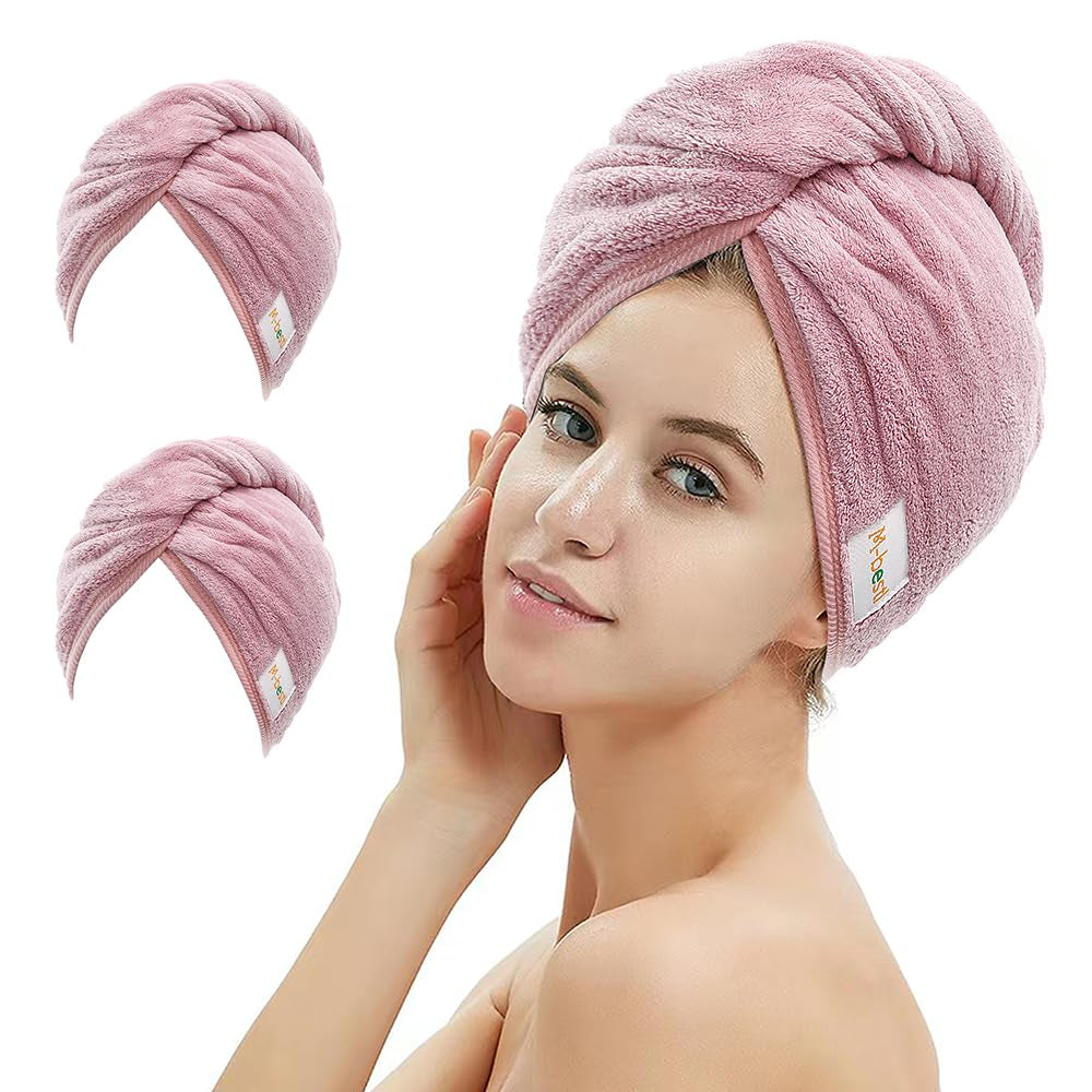 Transform Your Hair Care Routine with M-Bestl Microfiber Hair Towel Wrap Set - Quick Dry, Anti-Frizz, Lightweight Turbans in Pink & Beige (2 Pack) for Long Thick Curly Hair