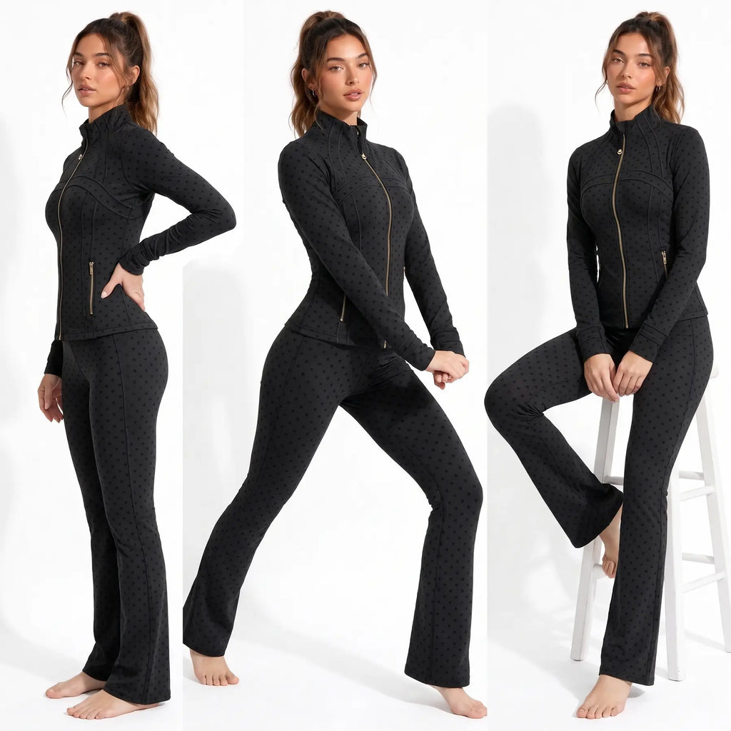 Women's Summer Athletic Track Jacket with Long Sleeves, Stand Collar, and Polka Dot Texture, Designed for Slim Fit, Ideal for Yoga, Gym, Running, Tennis, and Golf, Made from Stretchy Nylon Spandex Brushed Fabric