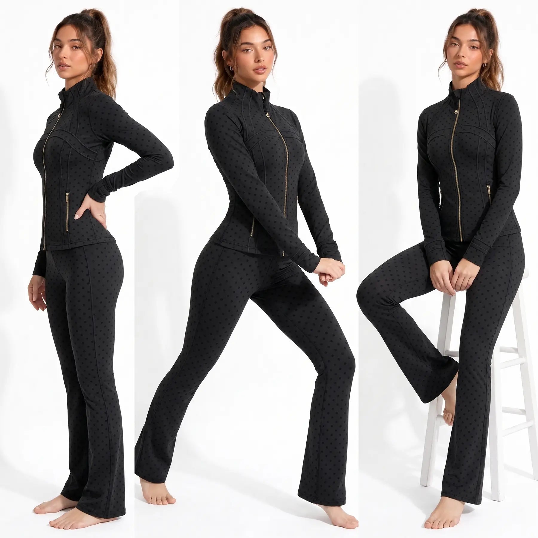 Women's Summer Athletic Track Jacket with Long Sleeves, Stand Collar, and Polka Dot Texture, Designed for Slim Fit, Ideal for Yoga, Gym, Running, Tennis, and Golf, Made from Stretchy Nylon Spandex Brushed Fabric