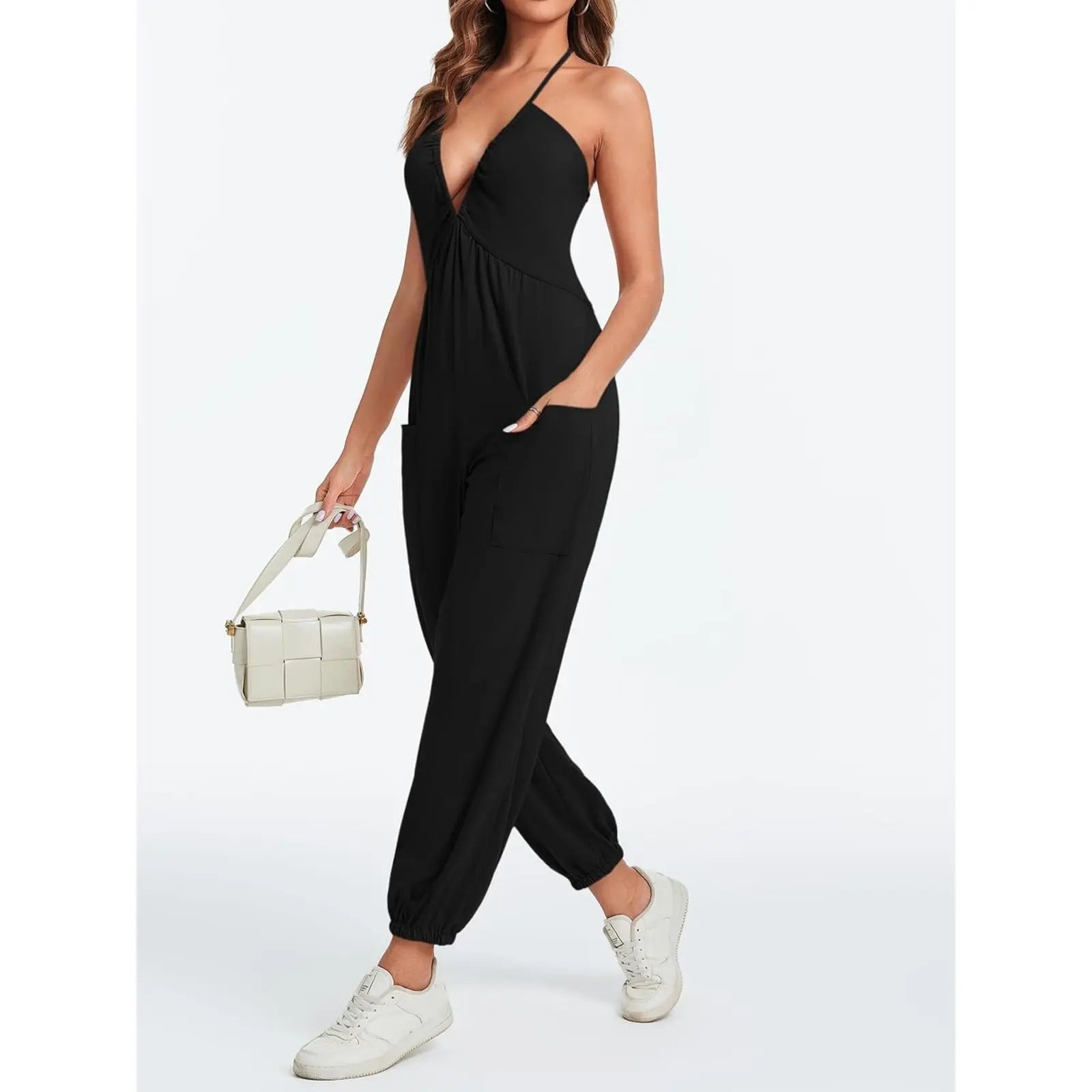 Elevate Your Style with the Cicy Bell Women's Elegant Halter Jumpsuit - Flattering Deep V Neckline and Casual Beach Ready Design