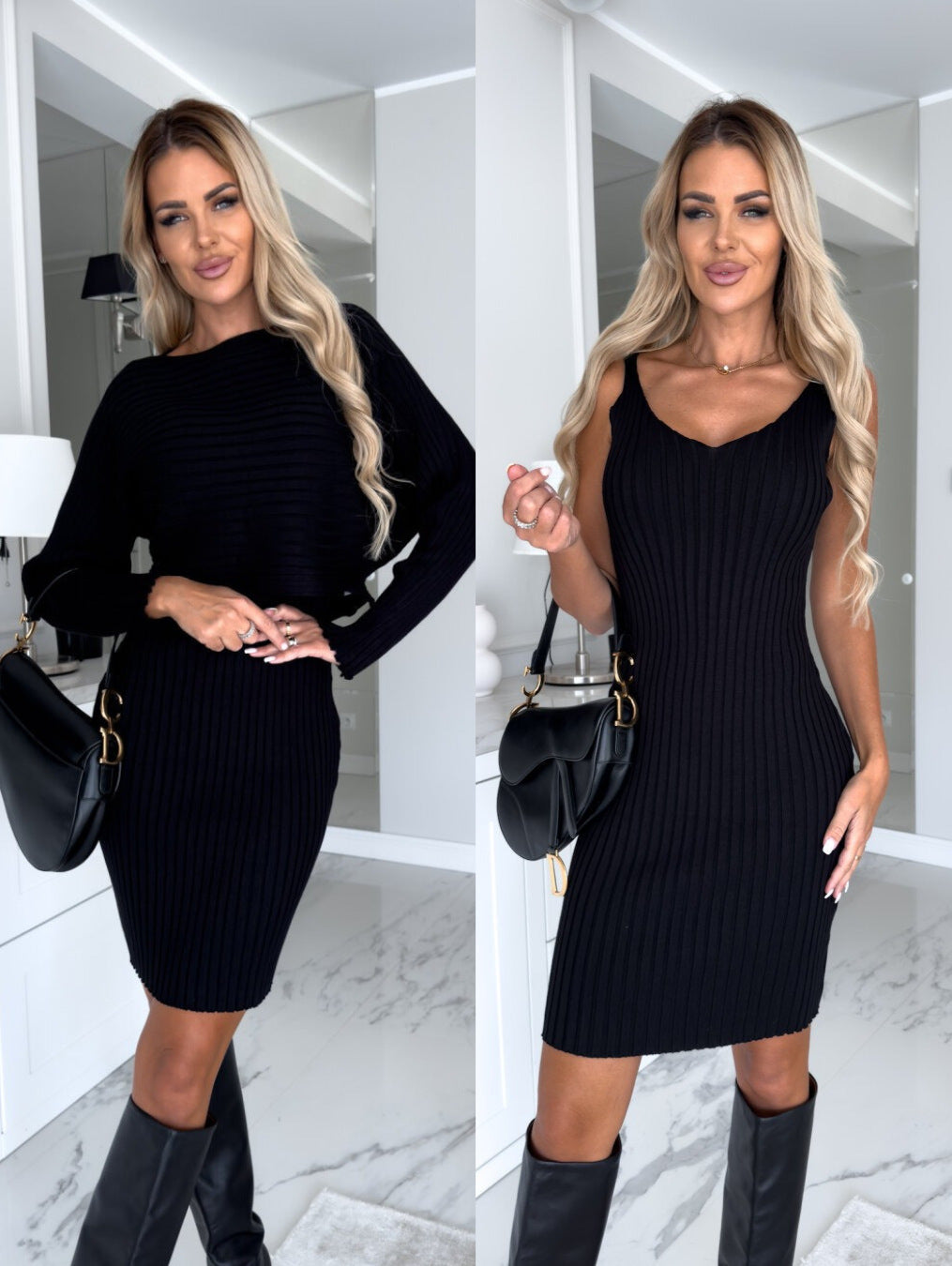 Women's 2-Piece Solid Stripe Long-Sleeve Top and Fitted Suspender Skirt Set for Autumn and Winter Fashion