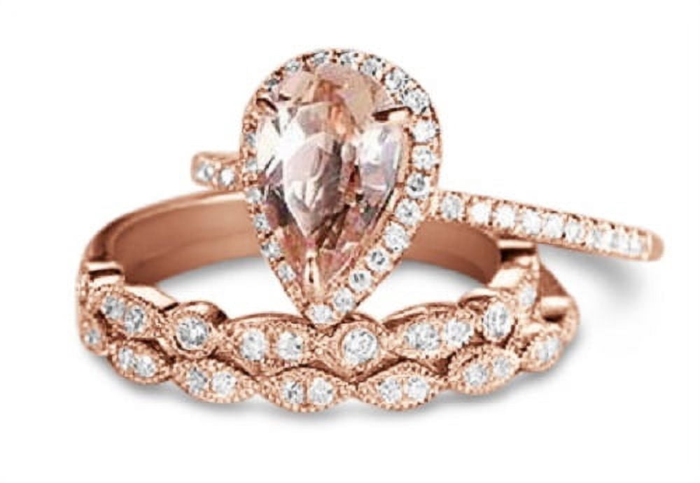 Stunning 1.75 Carat Pear Cut Lab Created Morganite Art Deco Trio Bridal Set in Luxurious 18K Rose Gold over Silver