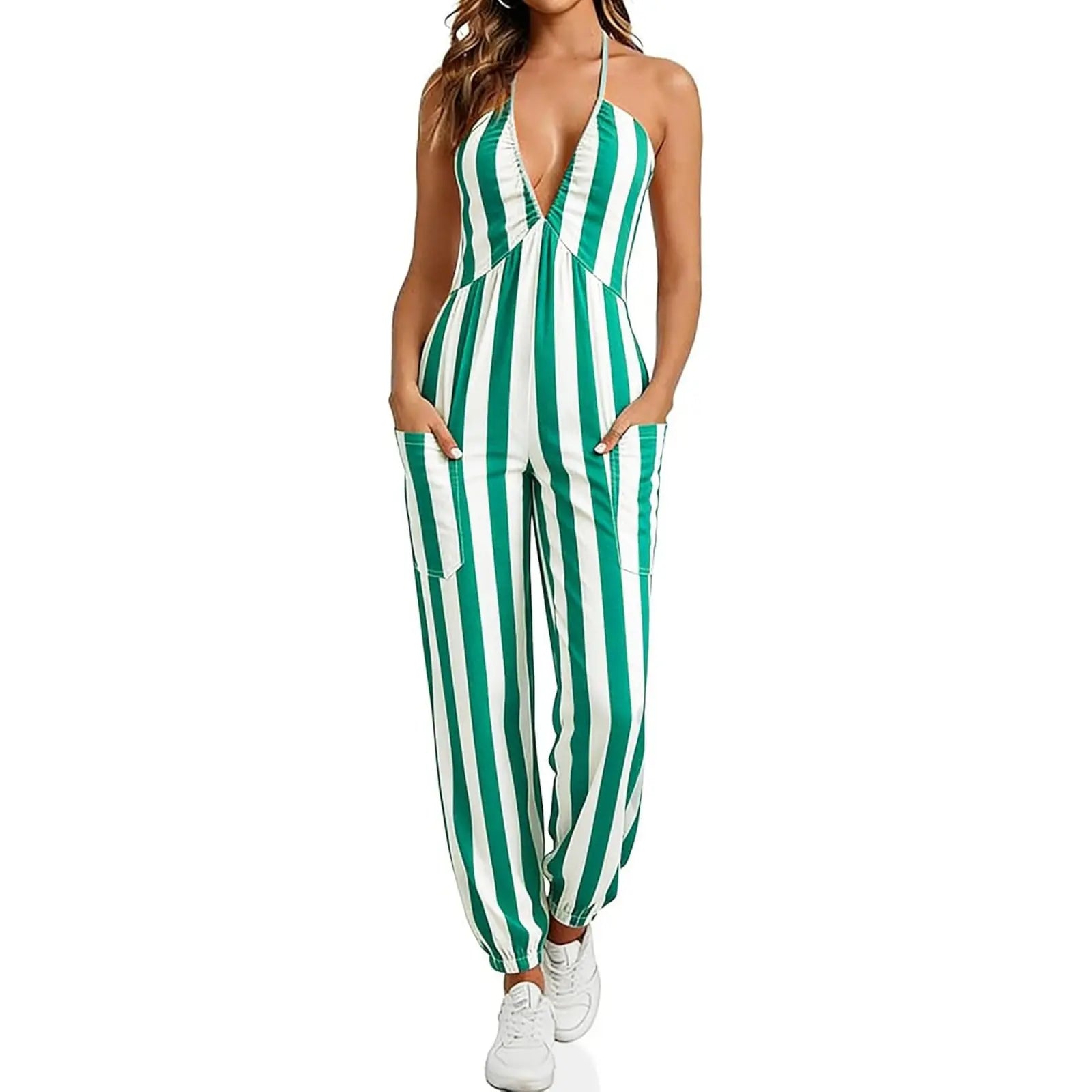 Elevate Your Style with the Cicy Bell Women's Elegant Halter Jumpsuit - Flattering Deep V Neckline and Casual Beach Ready Design