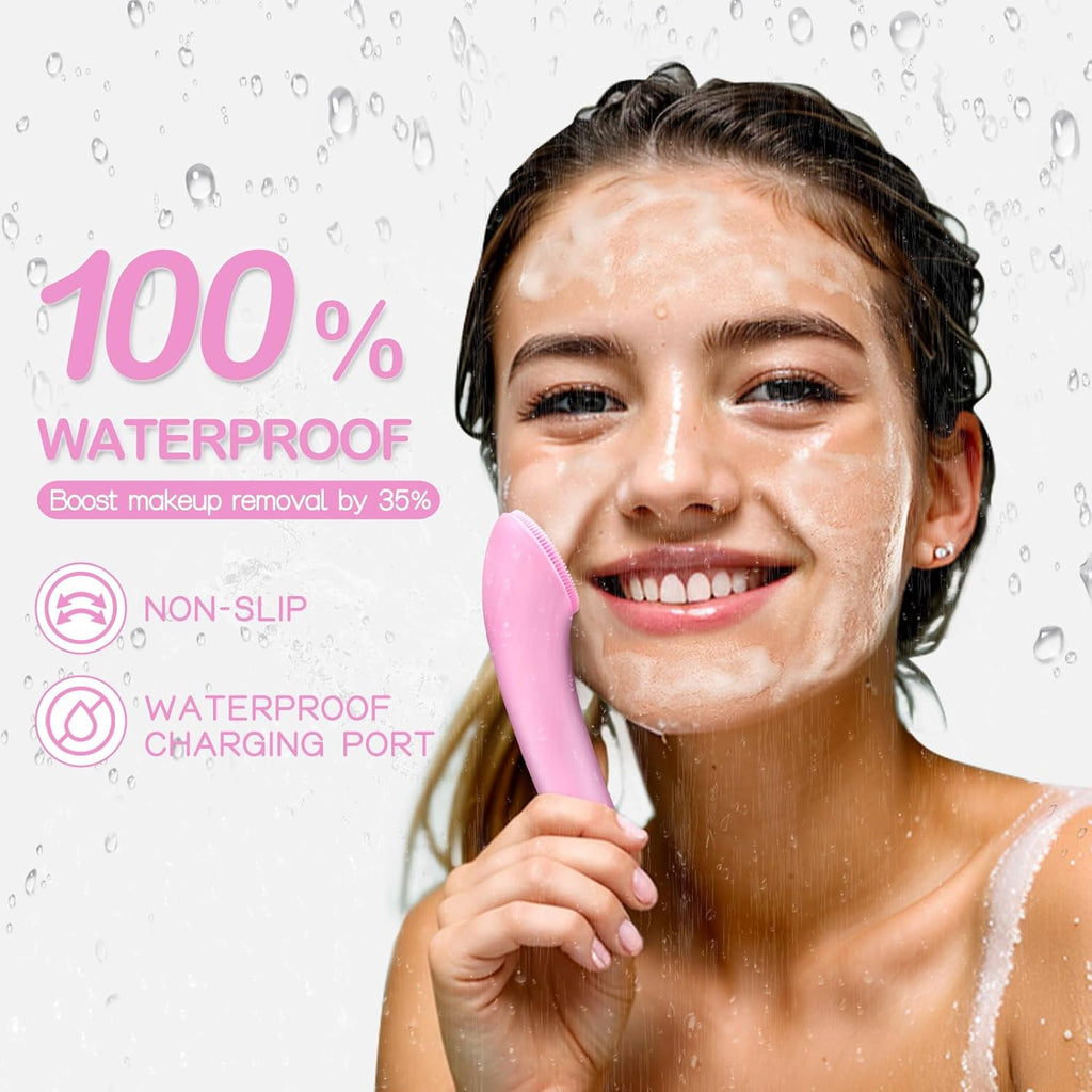 PRITECH Rechargeable Silicone Facial Cleansing Brush with Heat Massage and Vibrating Exfoliation, Waterproof Deep Cleaning Tool for Men and Women (Pink)