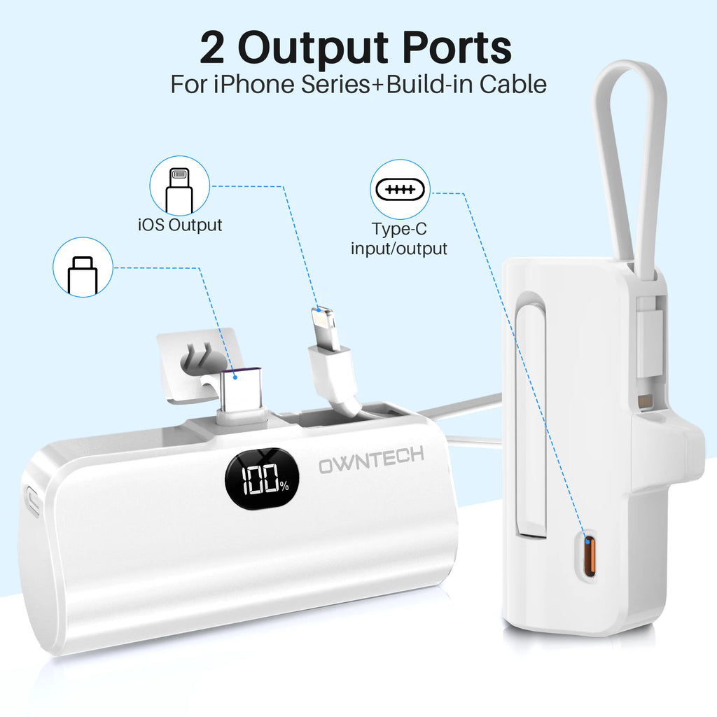 Stay Charged Anywhere: 5000mAh Portable Fast Charger with Built-In Cables for iPhone and Samsung