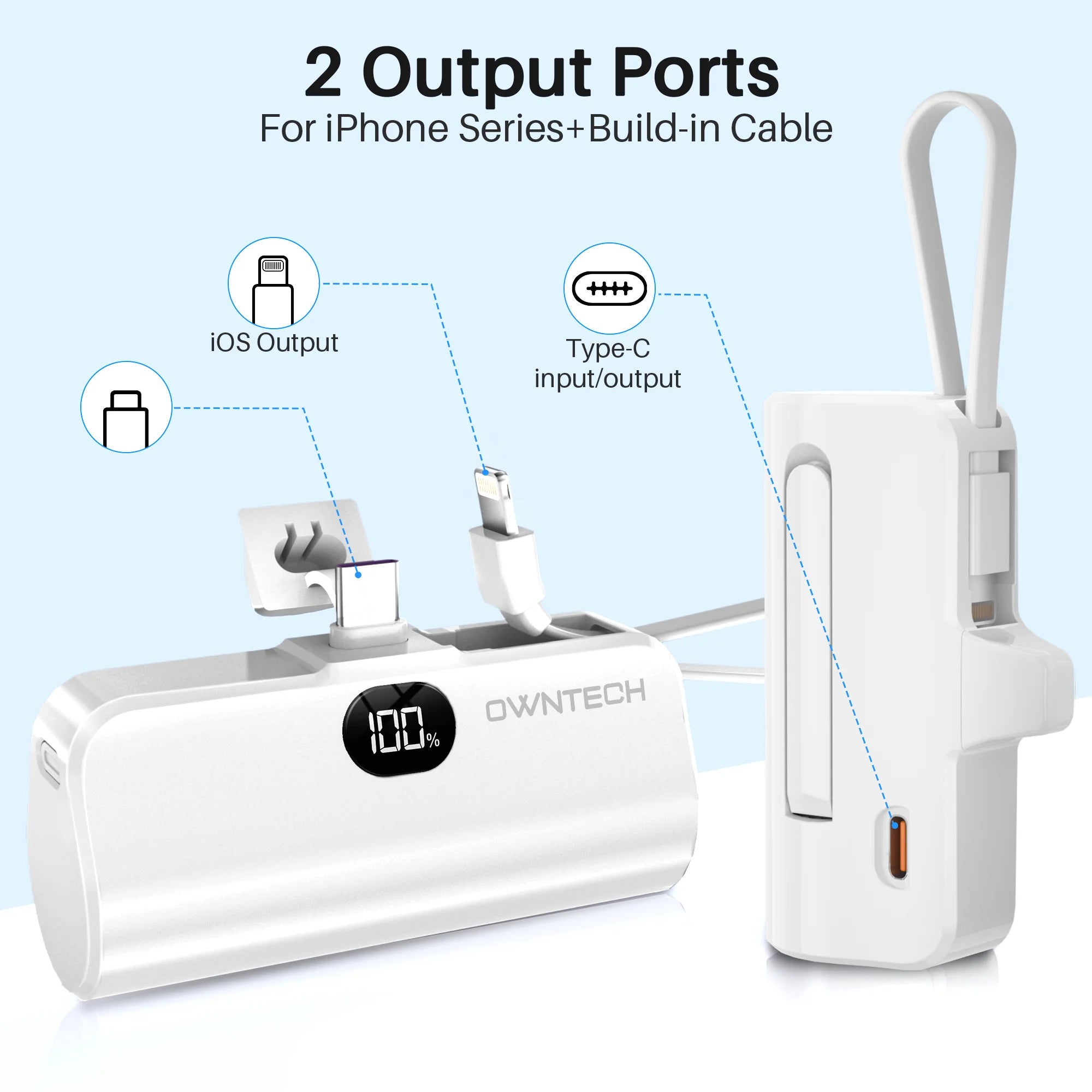 Stay Charged Anywhere: 5000mAh Portable Fast Charger with Built-In Cables for iPhone and Samsung