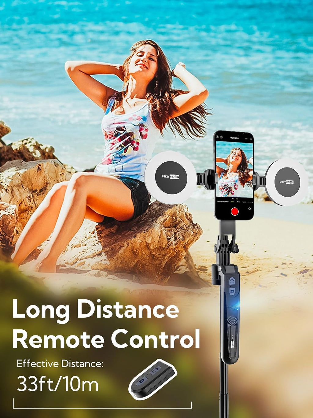 Elevate Your Content Creation with the USKEYVISION 70.9" Auto Face Tracking Tripod - 360° Rotation & Integrated Dual Ring Lights