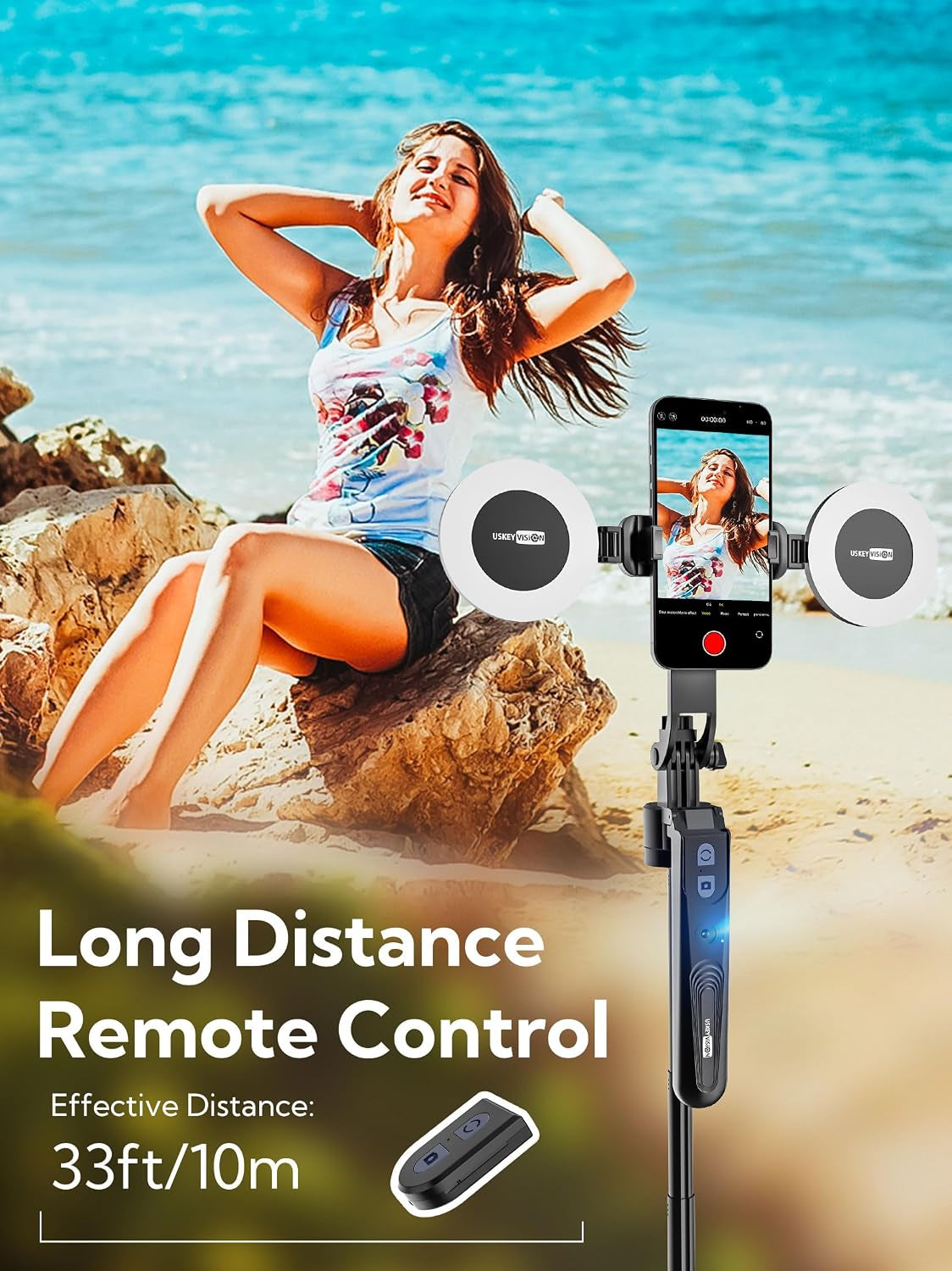 Elevate Your Content Creation with the USKEYVISION 70.9" Auto Face Tracking Tripod - 360° Rotation & Integrated Dual Ring Lights