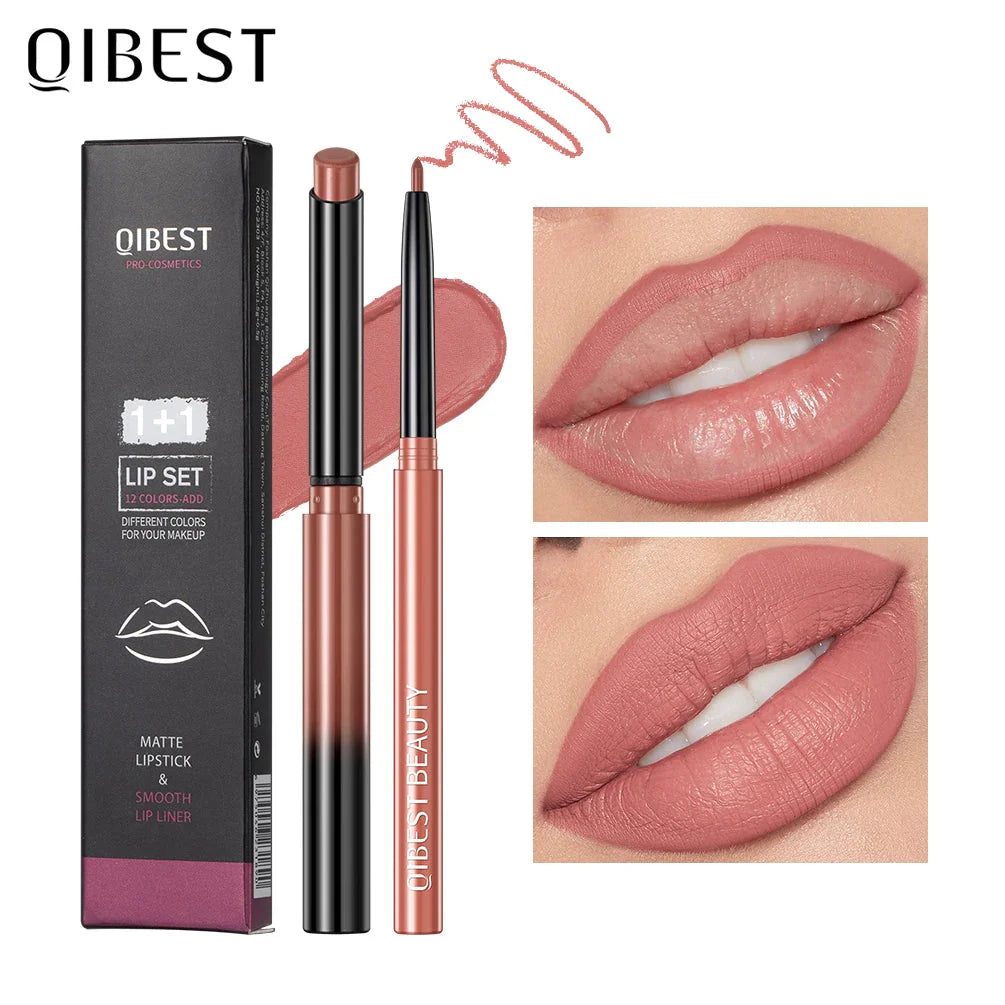 QIBEST Matte Nude Lipstick and Lipliner Pen Set - Waterproof, Long-Lasting Contour Makeup for Women (2 Pieces)
