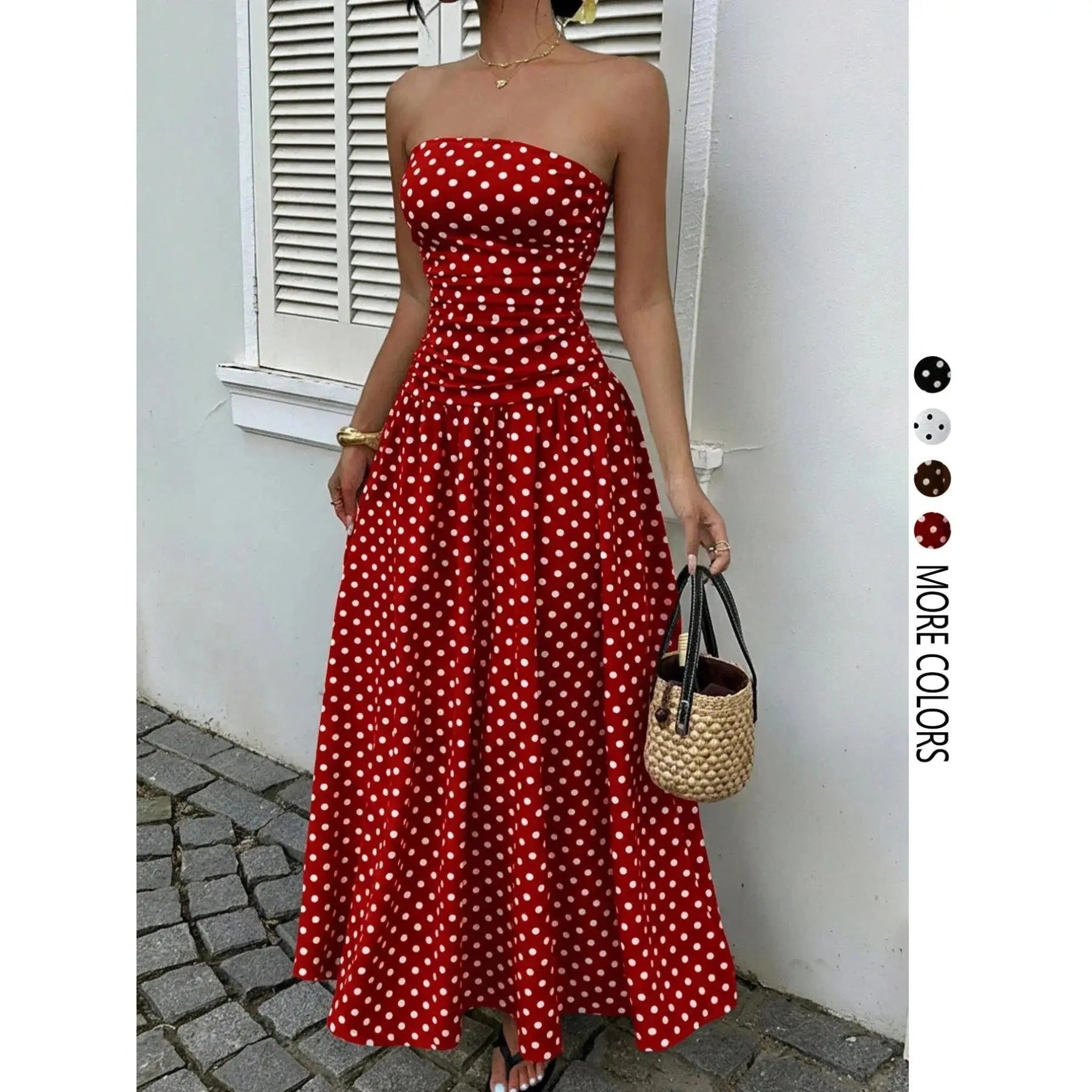 Chic Women's Strapless Polka Dot Maxi Dress - Perfect for Parties and Casual Outings