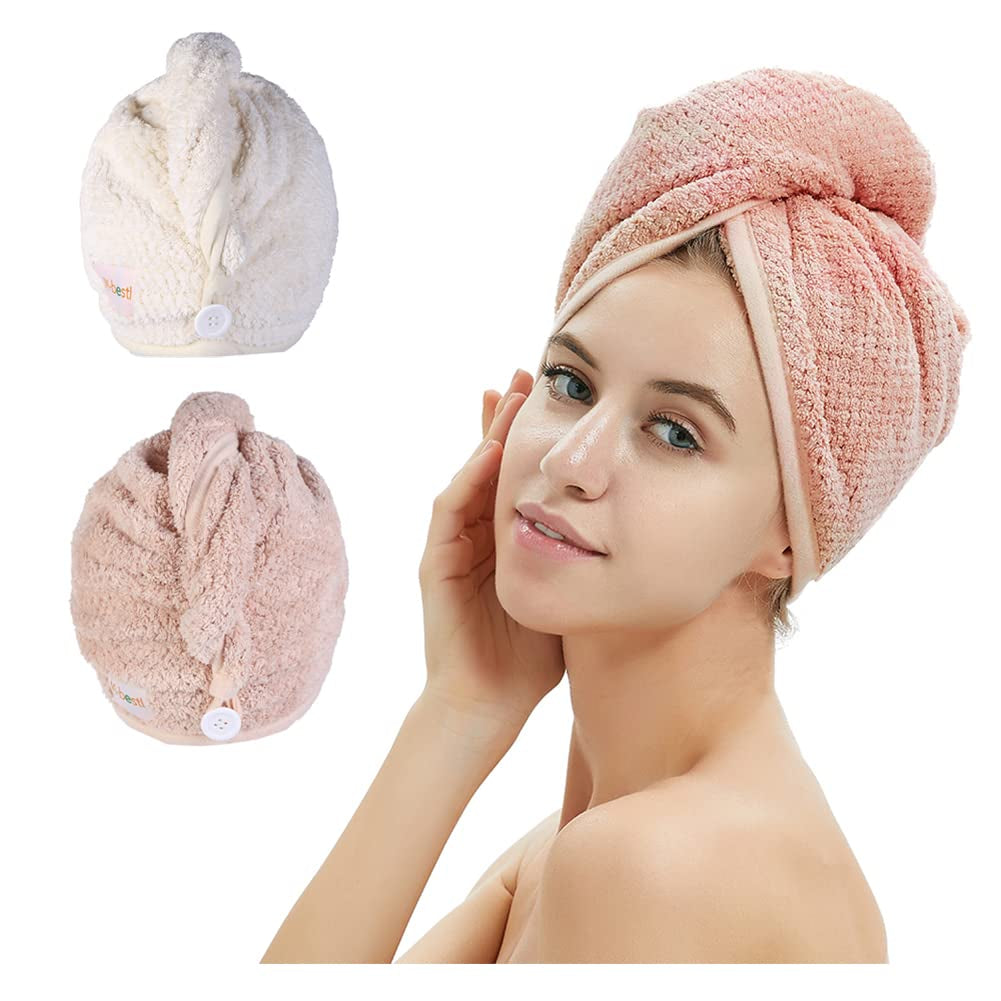 Transform Your Hair Care Routine with M-Bestl Microfiber Hair Towel Wrap Set - Quick Dry, Anti-Frizz, Lightweight Turbans in Pink & Beige (2 Pack) for Long Thick Curly Hair
