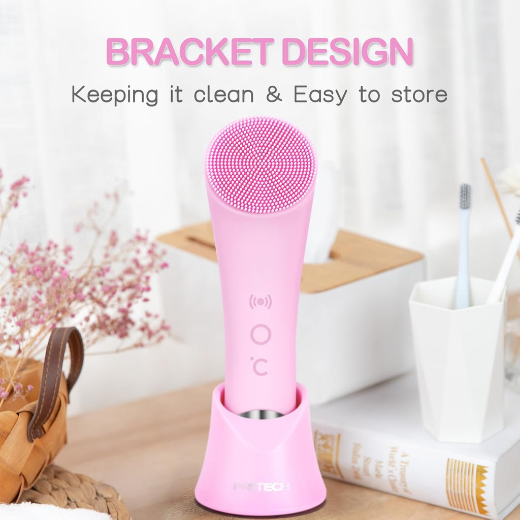 PRITECH Rechargeable Silicone Facial Cleansing Brush with Heat Massage and Vibrating Exfoliation, Waterproof Deep Cleaning Tool for Men and Women (Pink)
