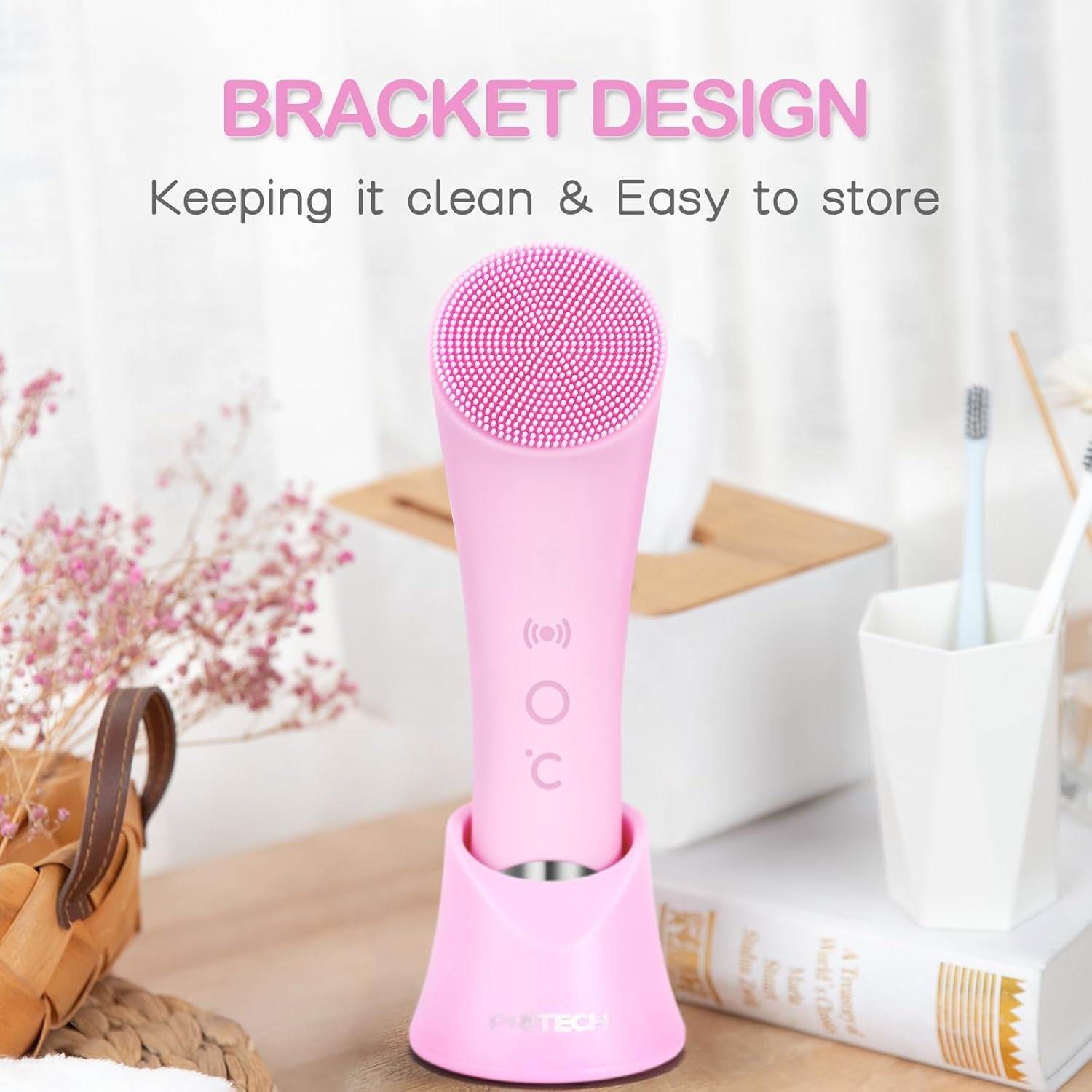 PRITECH Rechargeable Silicone Facial Cleansing Brush with Heat Massage and Vibrating Exfoliation, Waterproof Deep Cleaning Tool for Men and Women (Pink)