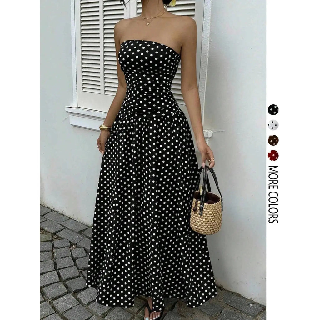 Chic Women's Strapless Polka Dot Maxi Dress - Perfect for Parties and Casual Outings