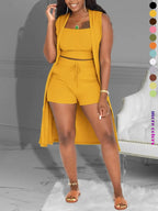 Women'S Casual Slim-Fit Three-Piece Shorts Set, Soft Stretchy Knit Fabric, Comfortable and Stylish Summer Outfit