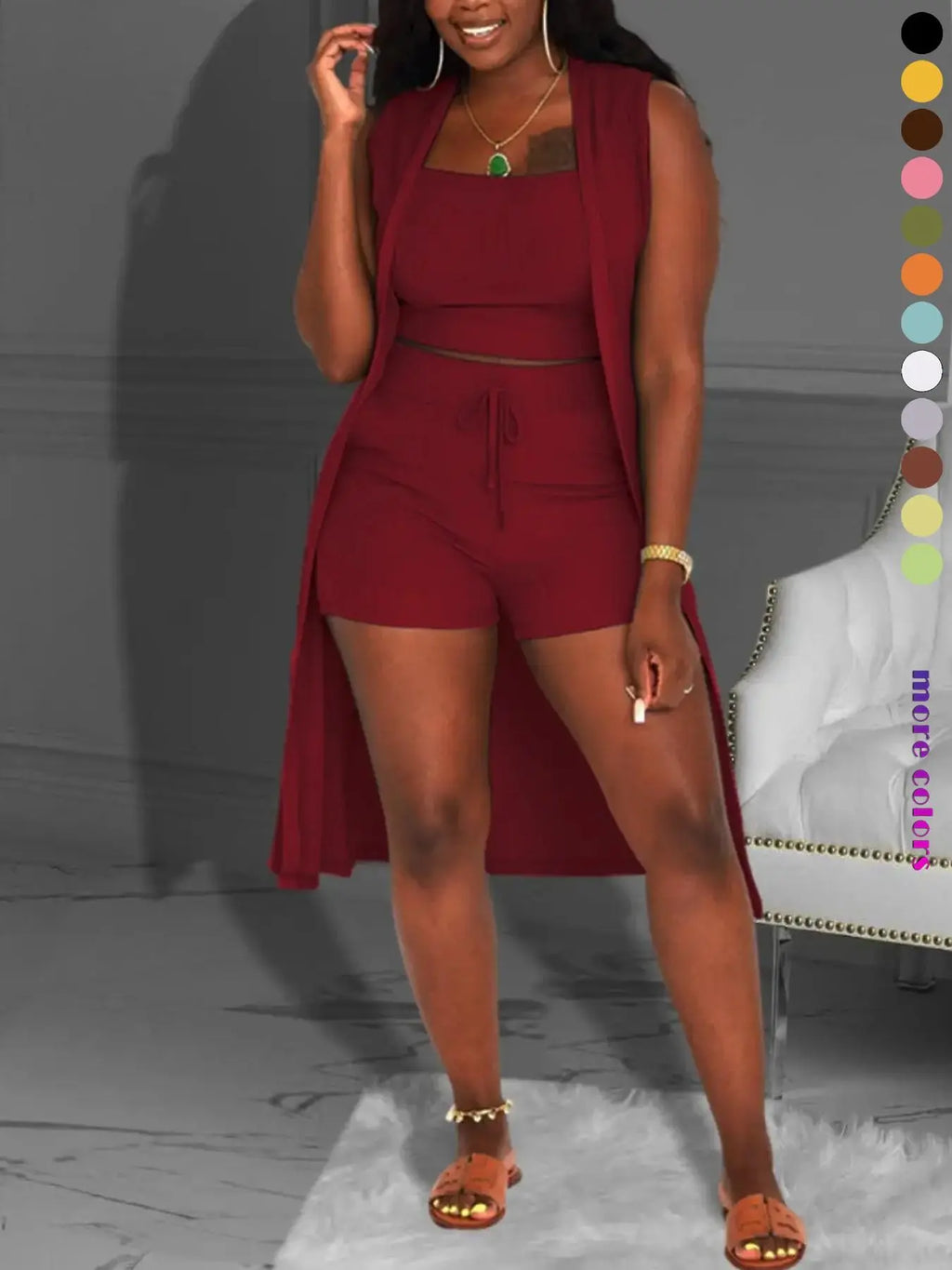Women'S Casual Slim-Fit Three-Piece Shorts Set, Soft Stretchy Knit Fabric, Comfortable and Stylish Summer Outfit