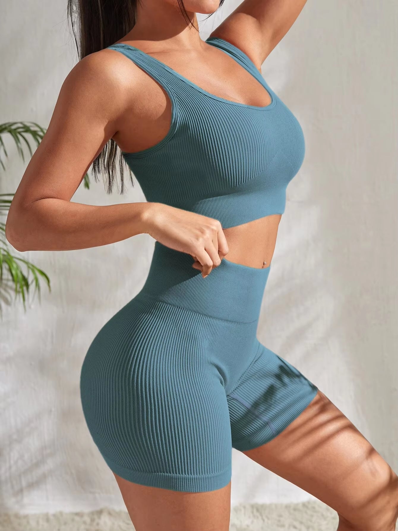 Seamless Ribbed Yoga Sets for Women - 2-Piece Gym Outfit with Crop Tank and High Waist Shorts for Fitness and Running